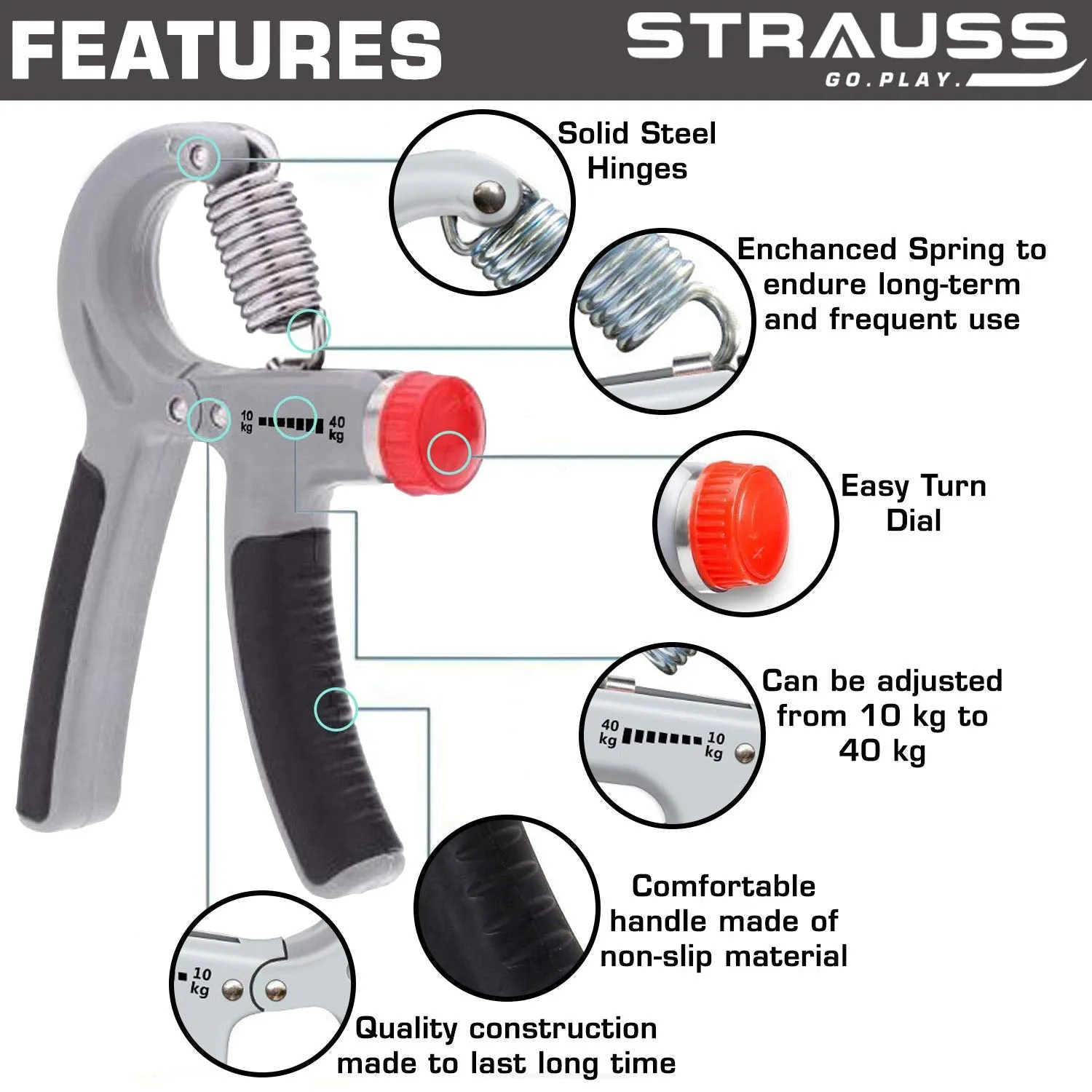 STRAUSS Heavy-Duty Plastic Adjustable Hand Grip Strengthener (Grey/Black) and Moto Push Up Bar, Pair (Black/Blue)