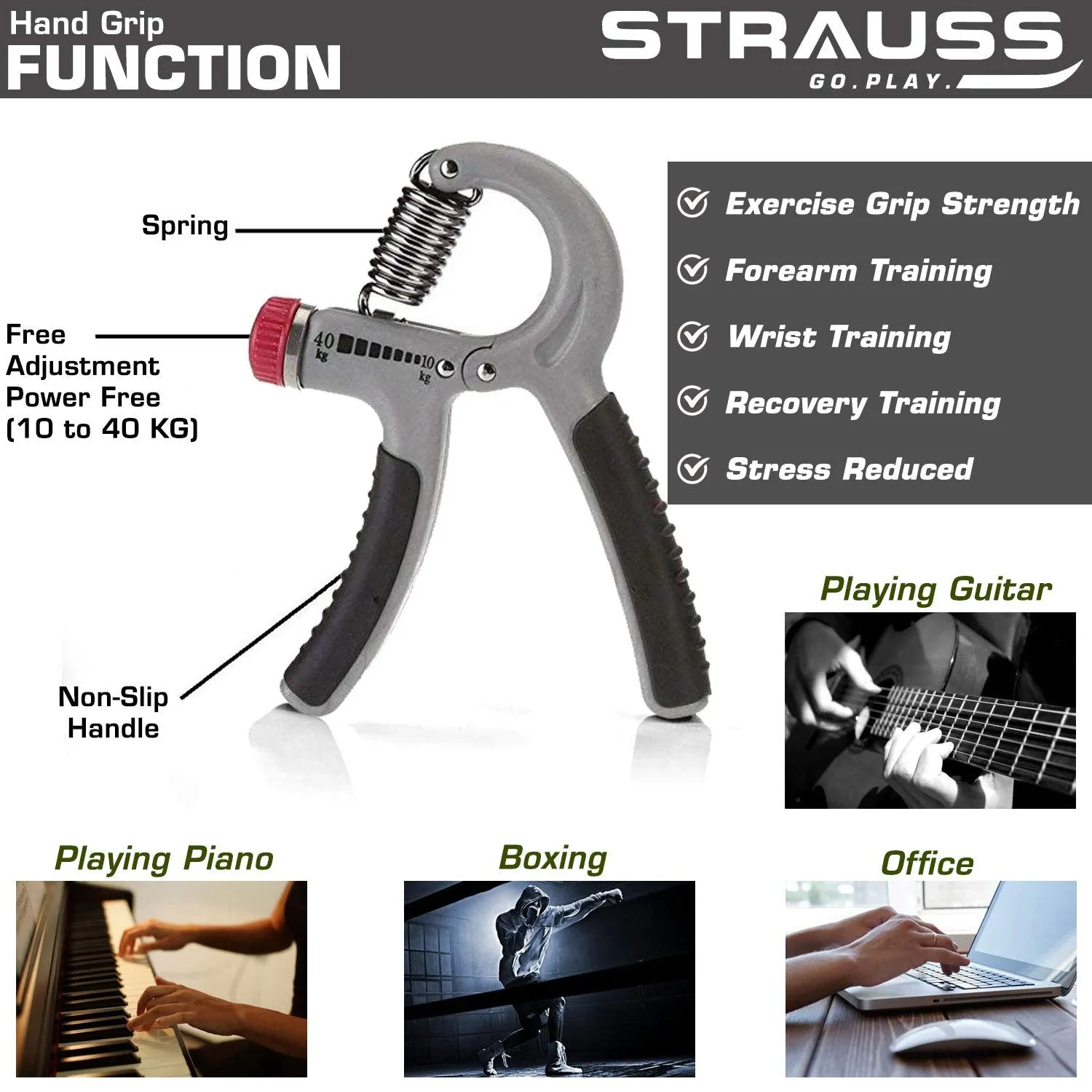 STRAUSS Heavy-Duty Plastic Adjustable Hand Grip Strengthener (Grey/Black) and Moto Push Up Bar, Pair (Black/Blue)