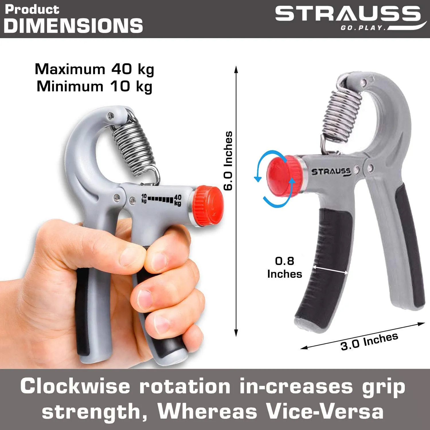 STRAUSS Heavy-Duty Plastic Adjustable Hand Grip Strengthener (Grey/Black) and Moto Push Up Bar, Pair (Black/Blue)