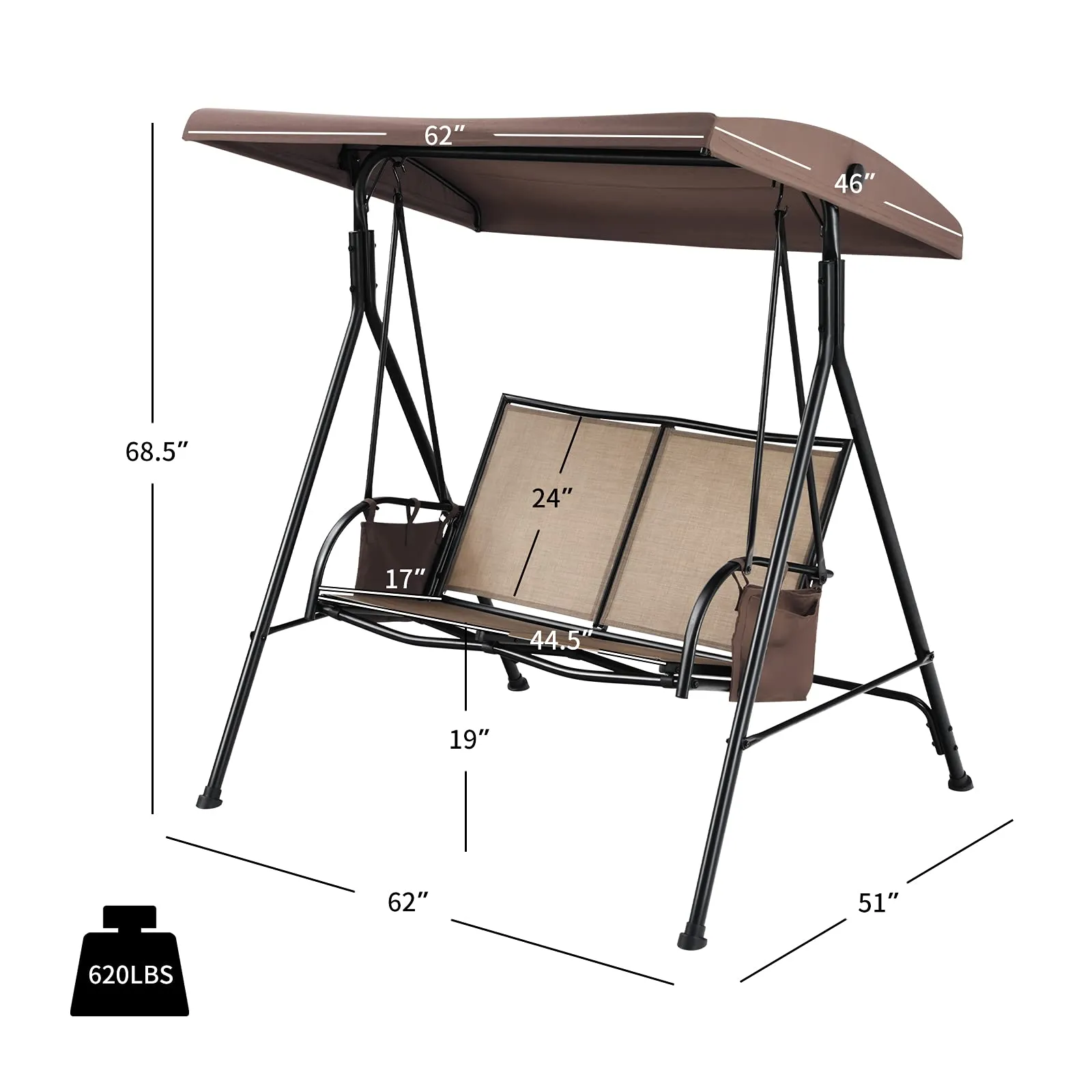 Tangkula 2-Person Patio Swing, Outdoor Porch Swing with Adjustable Canopy & 2 Storage Pocket