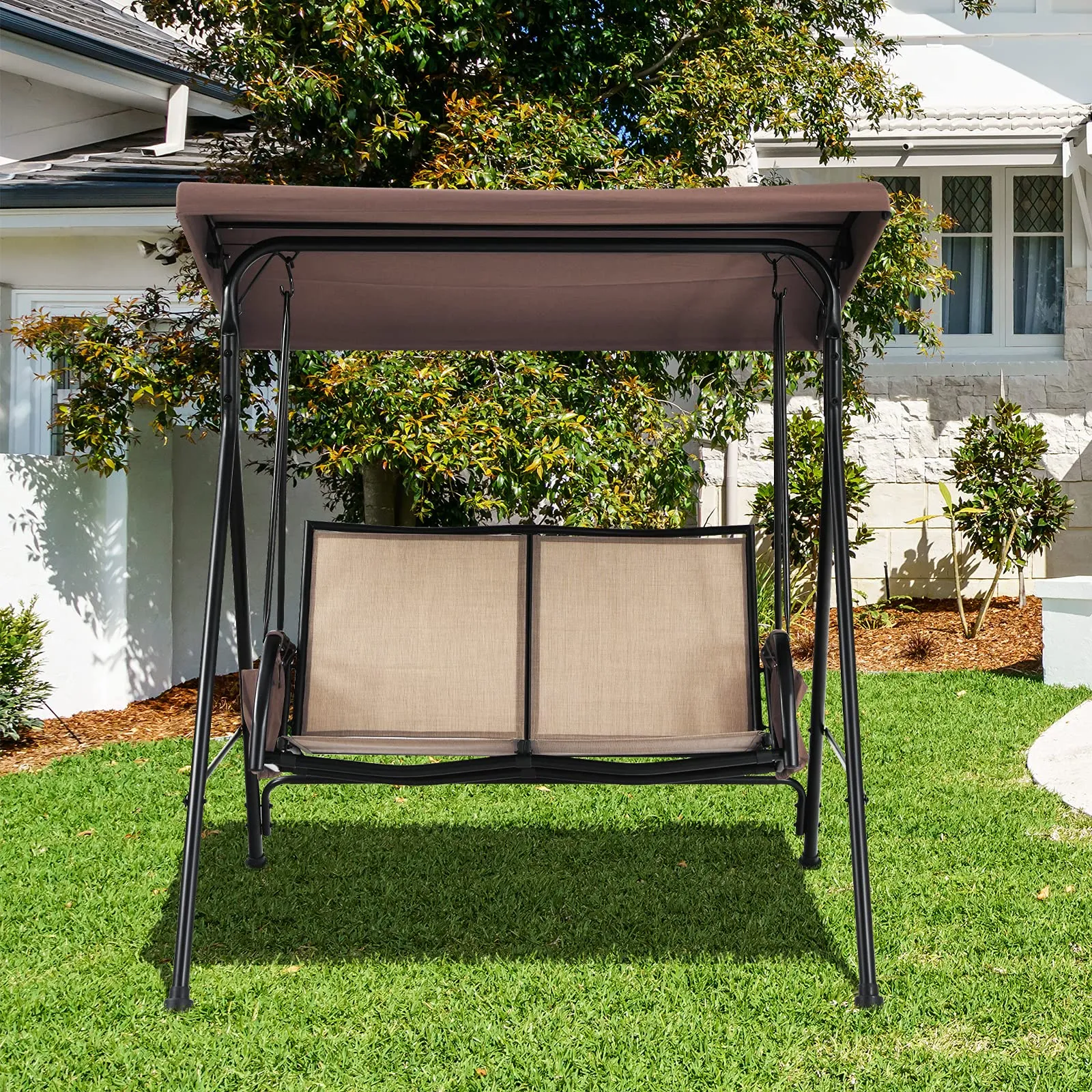 Tangkula 2-Person Patio Swing, Outdoor Porch Swing with Adjustable Canopy & 2 Storage Pocket