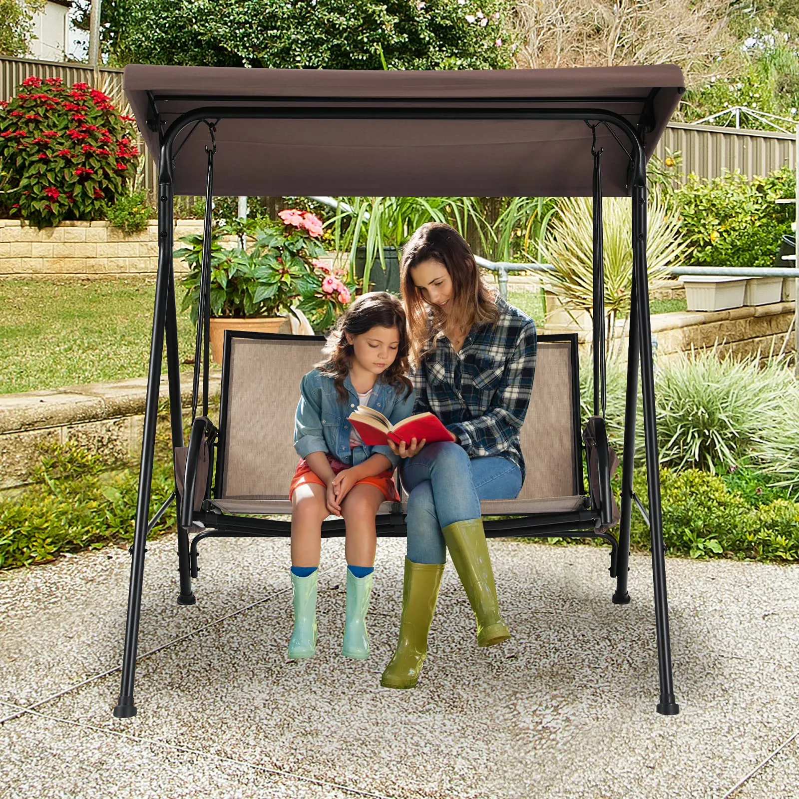 Tangkula 2-Person Patio Swing, Outdoor Porch Swing with Adjustable Canopy & 2 Storage Pocket