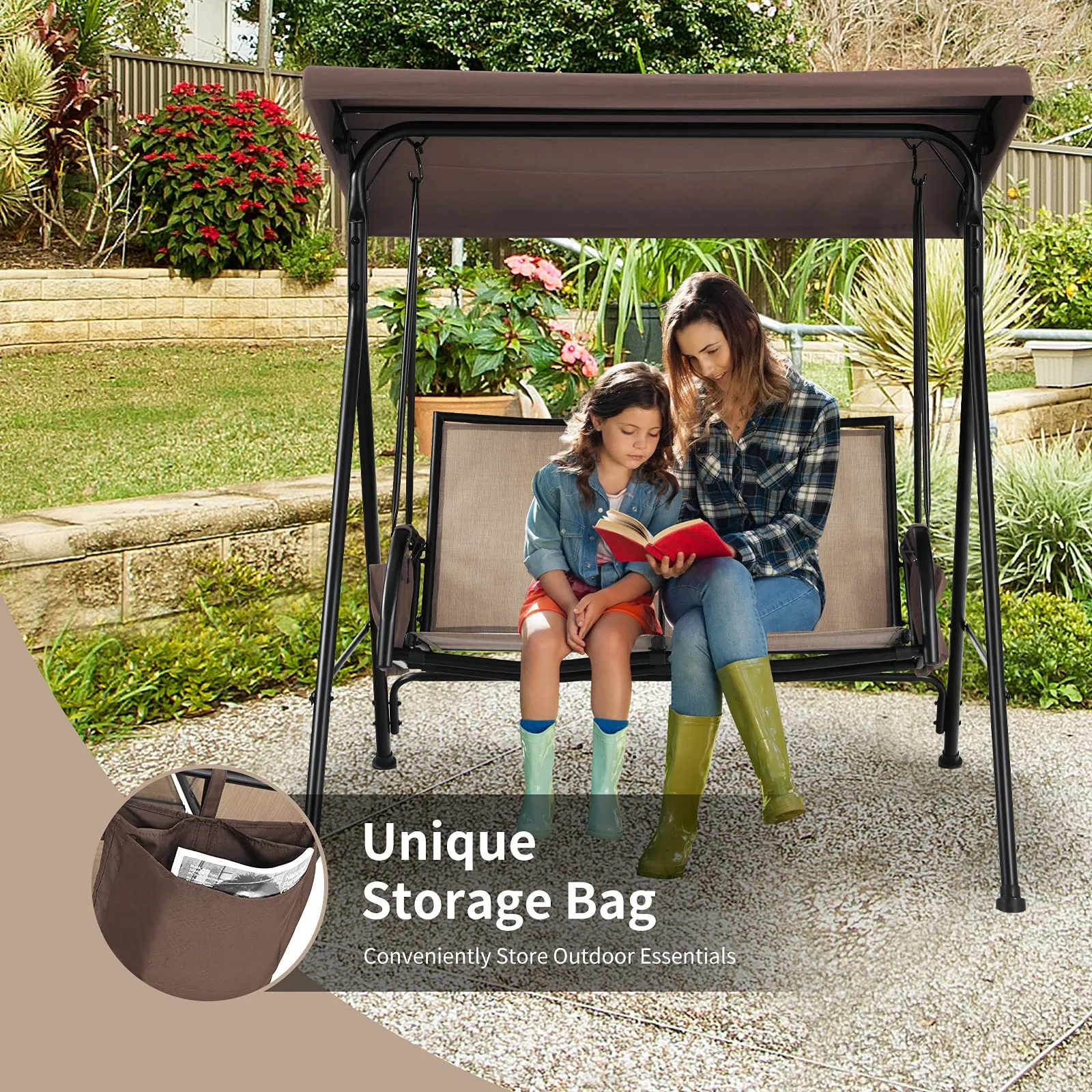 Tangkula 2-Person Patio Swing, Outdoor Porch Swing with Adjustable Canopy & 2 Storage Pocket