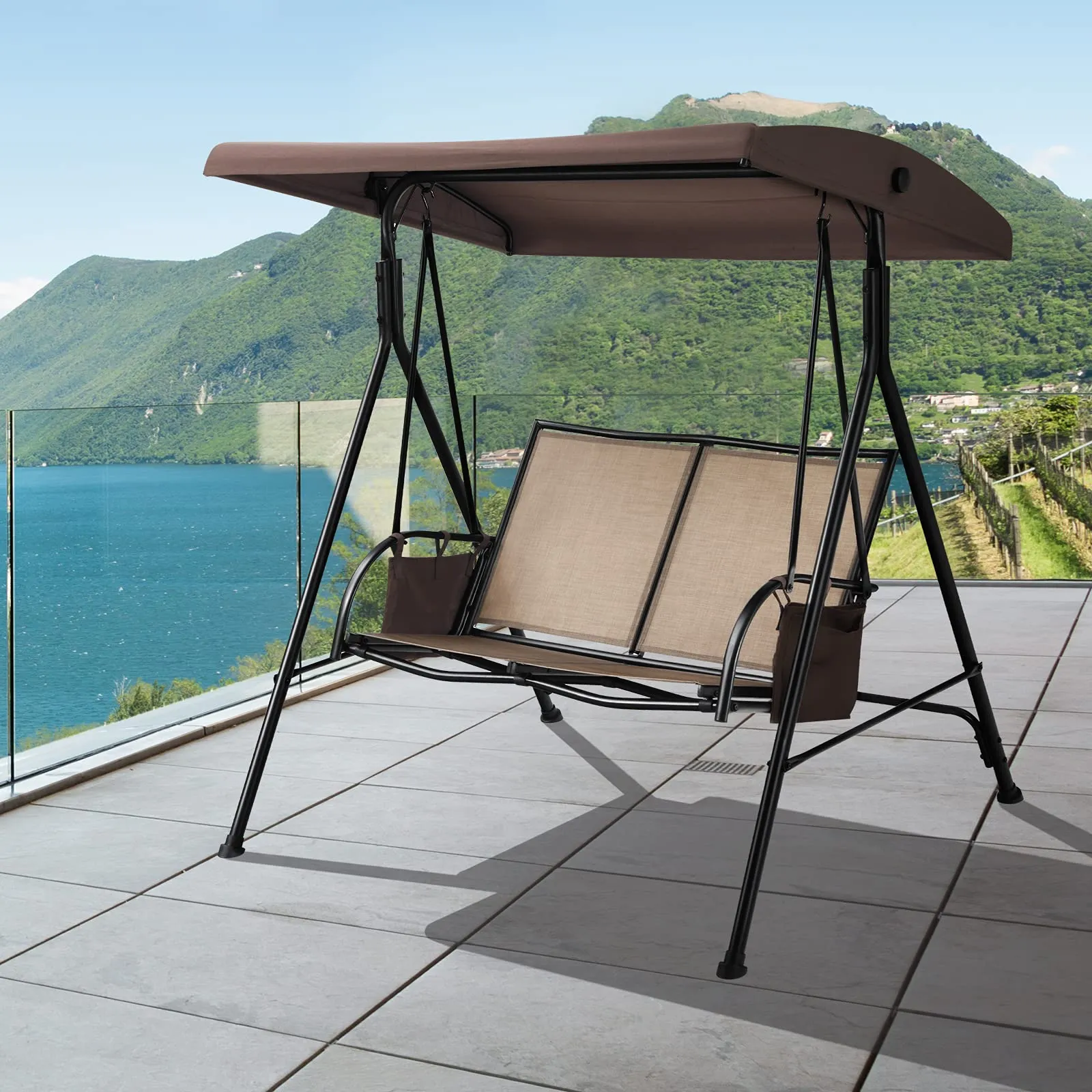 Tangkula 2-Person Patio Swing, Outdoor Porch Swing with Adjustable Canopy & 2 Storage Pocket