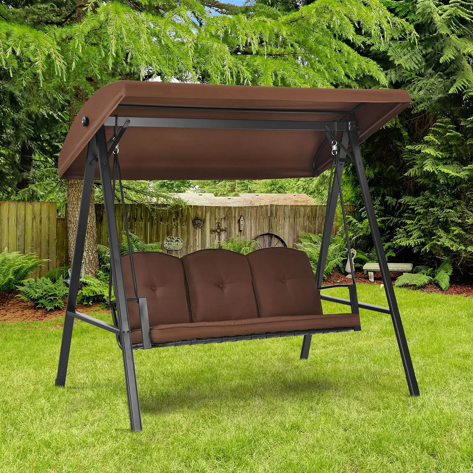 Tangkula 3-Seater Porch Swing, Outdoor Swing with Adjustable Tilt Canopy & Removable Soft Cushions