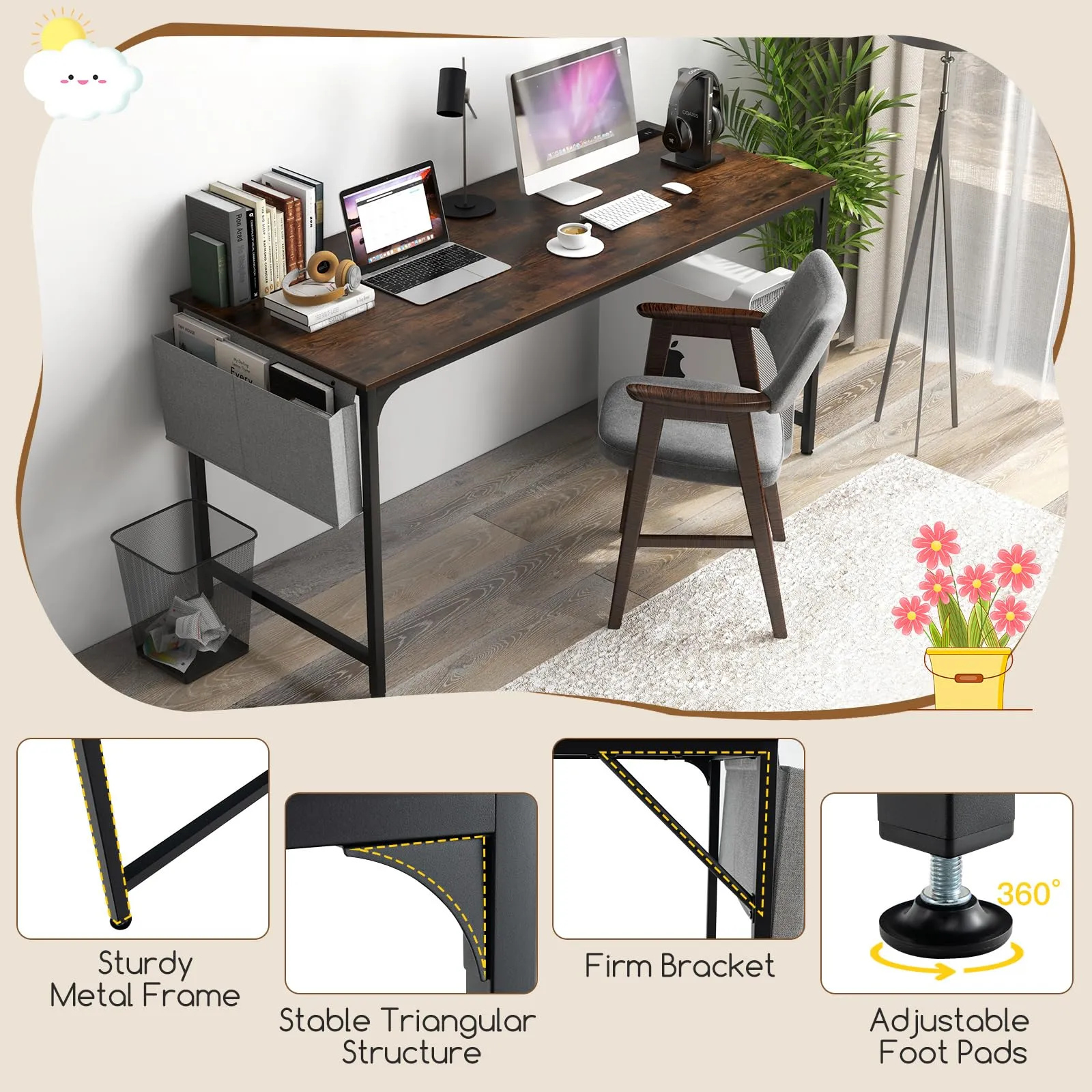 Tangkula 60” Large Computer Desk with Charging Station, Modern Simple Study Writing Desk with Storage Bag