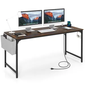 Tangkula 60” Large Computer Desk with Charging Station, Modern Simple Study Writing Desk with Storage Bag