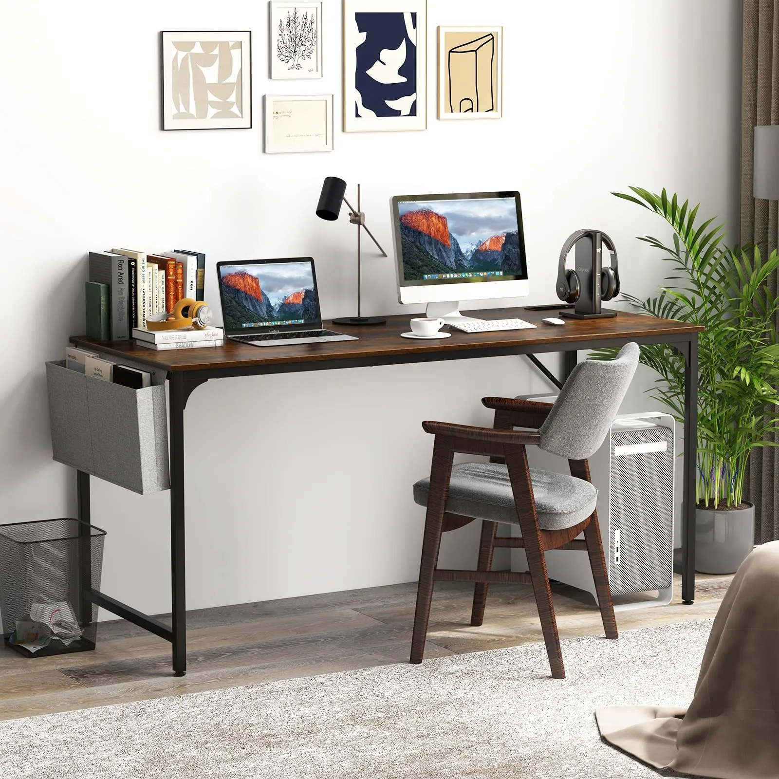 Tangkula 60” Large Computer Desk with Charging Station, Modern Simple Study Writing Desk with Storage Bag