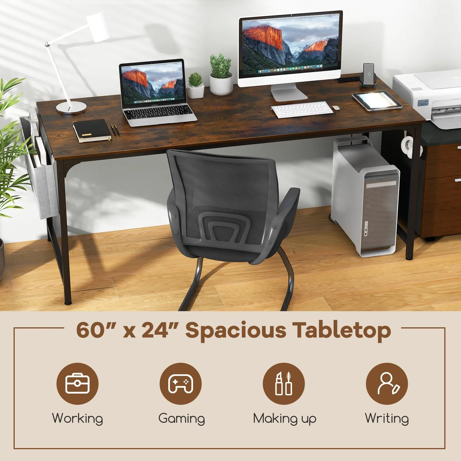 Tangkula 60” Large Computer Desk with Charging Station, Modern Simple Study Writing Desk with Storage Bag