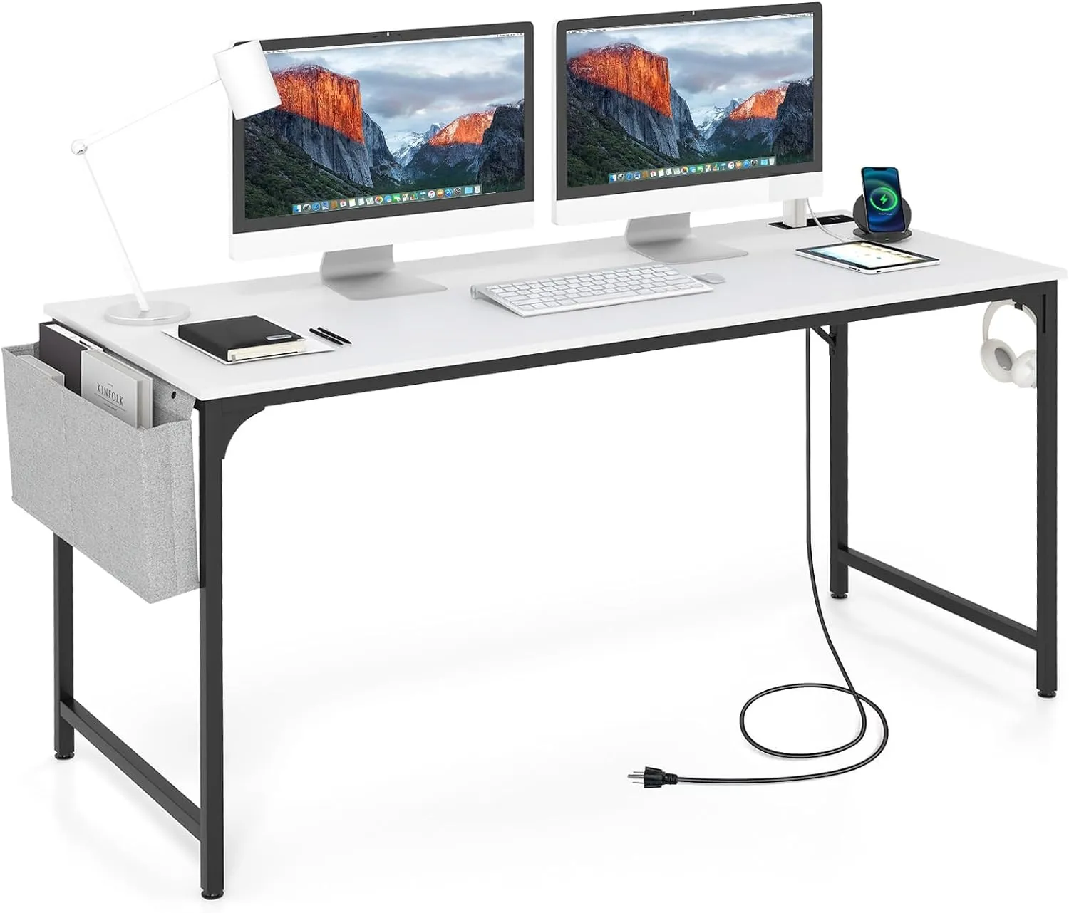 Tangkula 60” Large Computer Desk with Charging Station, Modern Simple Study Writing Desk with Storage Bag