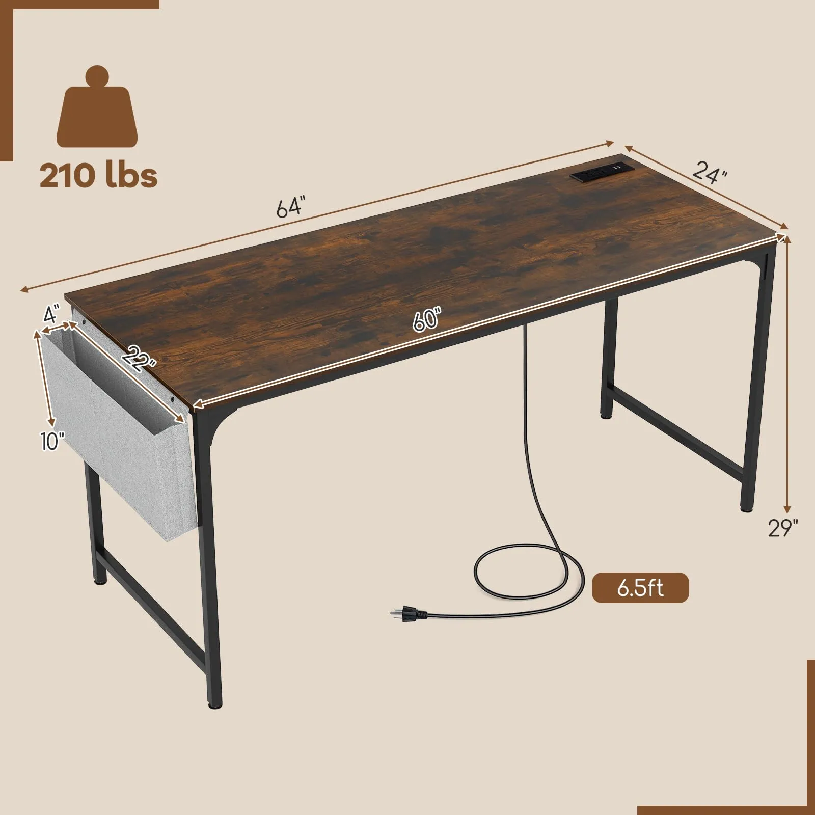 Tangkula 60” Large Computer Desk with Charging Station, Modern Simple Study Writing Desk with Storage Bag