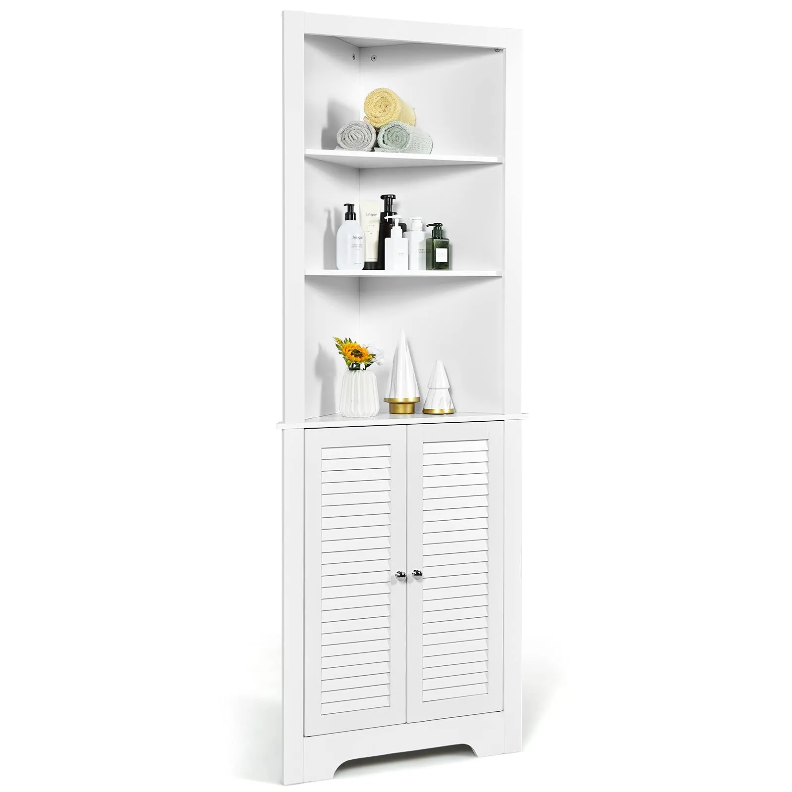 Tangkula Bathroom Corner Storage Cabinet, Free Standing Tall Collection Cabinet with 3 Open Shelves