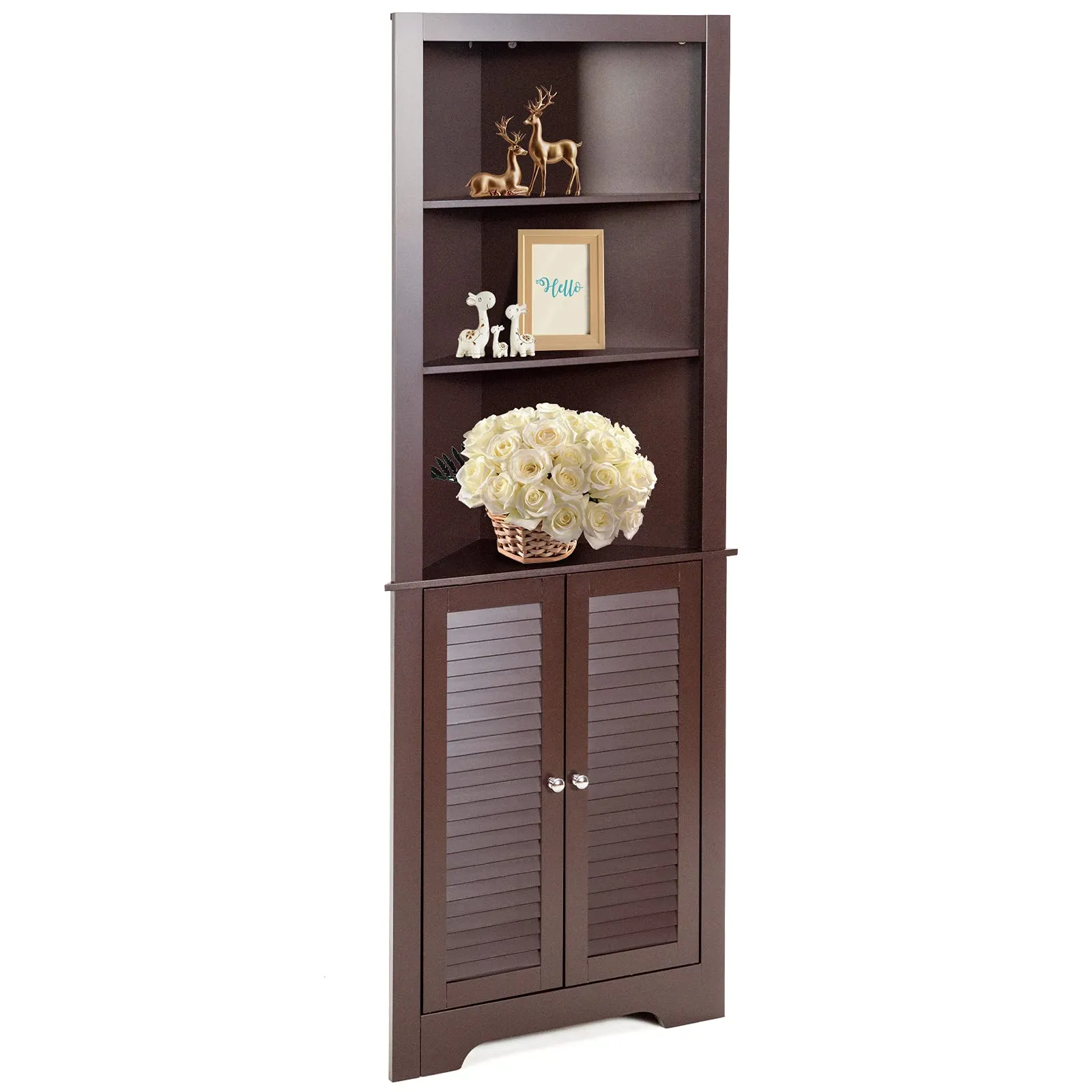 Tangkula Bathroom Corner Storage Cabinet, Free Standing Tall Collection Cabinet with 3 Open Shelves