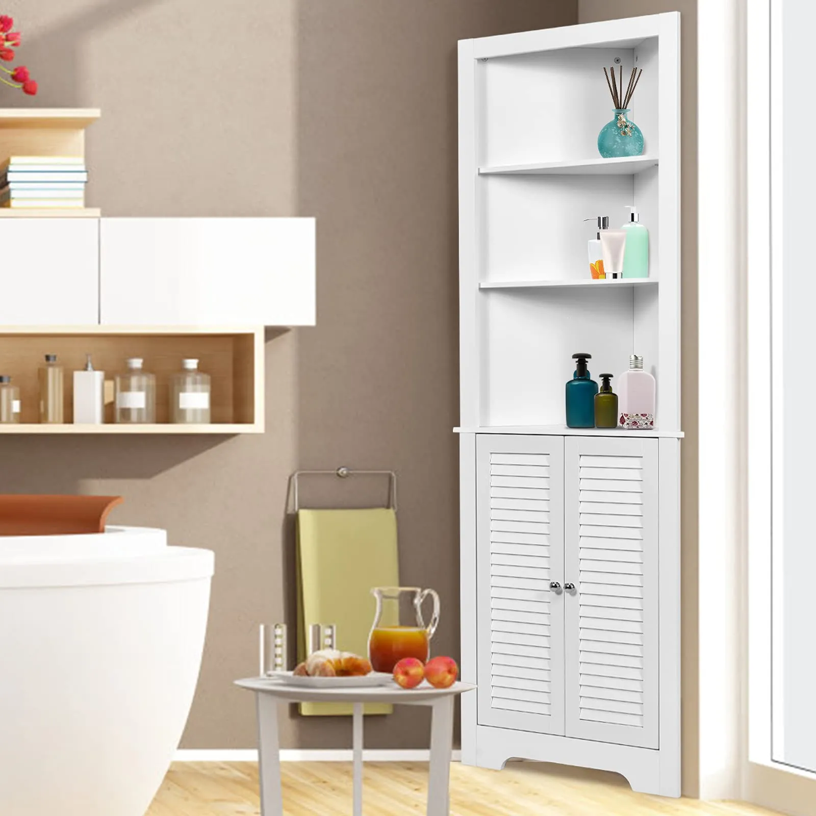 Tangkula Bathroom Corner Storage Cabinet, Free Standing Tall Collection Cabinet with 3 Open Shelves