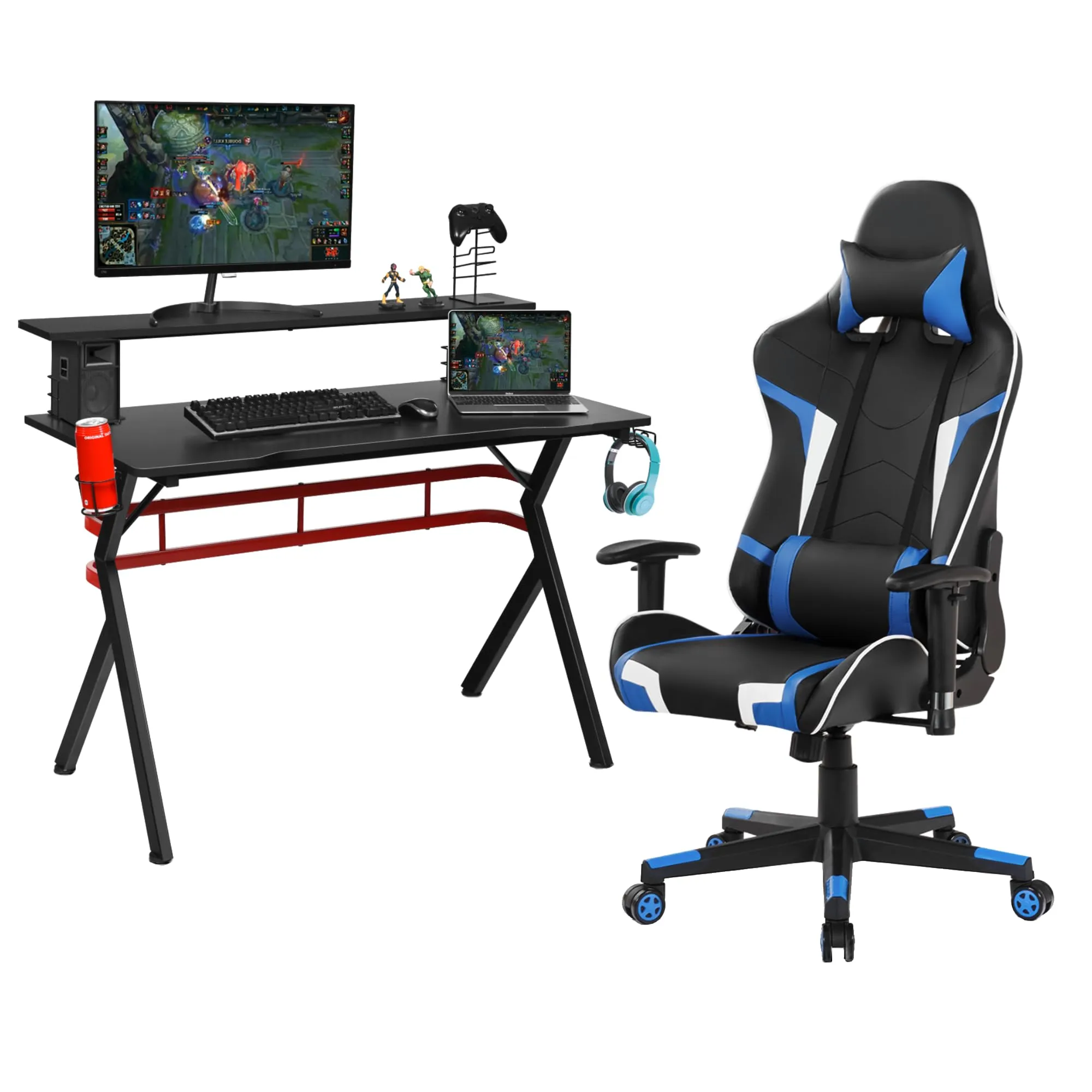 Tangkula Gaming Desk and Chair Set, Ergonomic Gamer Desk & Racing Chair Set Cup Holder, Headphone Hook