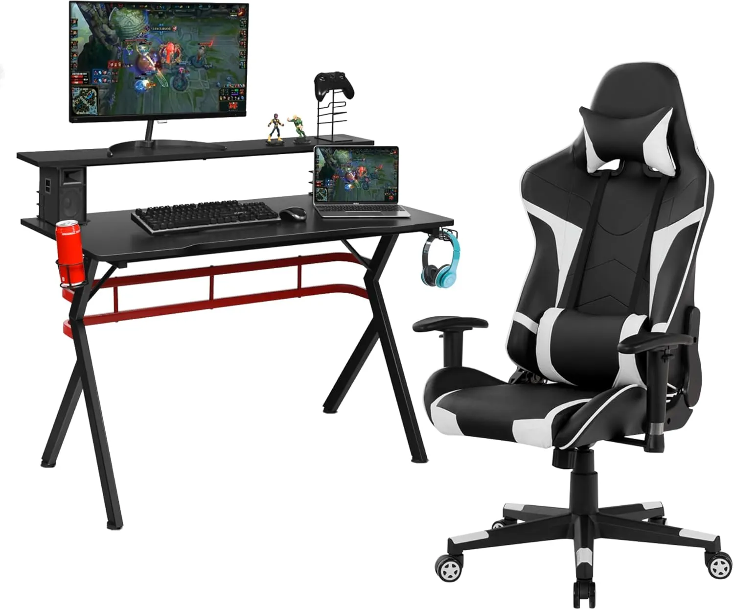 Tangkula Gaming Desk and Chair Set, Ergonomic Gamer Desk & Racing Chair Set Cup Holder, Headphone Hook