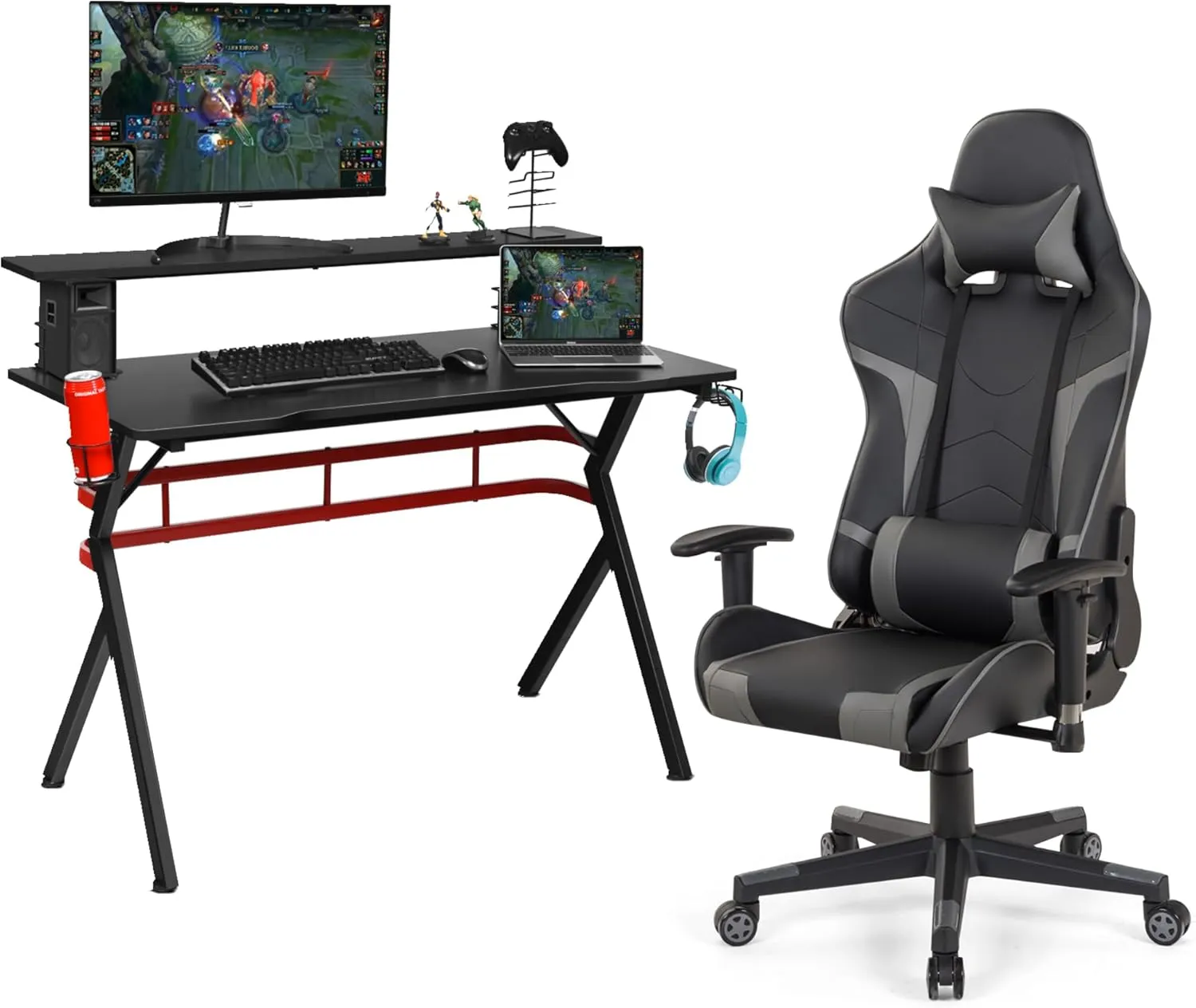 Tangkula Gaming Desk and Chair Set, Ergonomic Gamer Desk & Racing Chair Set Cup Holder, Headphone Hook