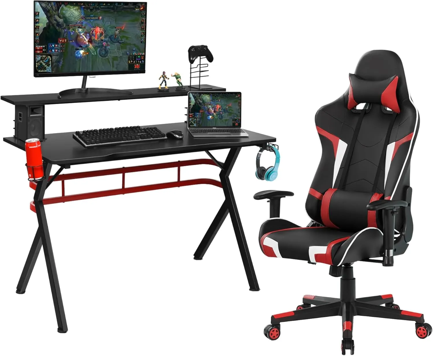 Tangkula Gaming Desk and Chair Set, Ergonomic Gamer Desk & Racing Chair Set Cup Holder, Headphone Hook