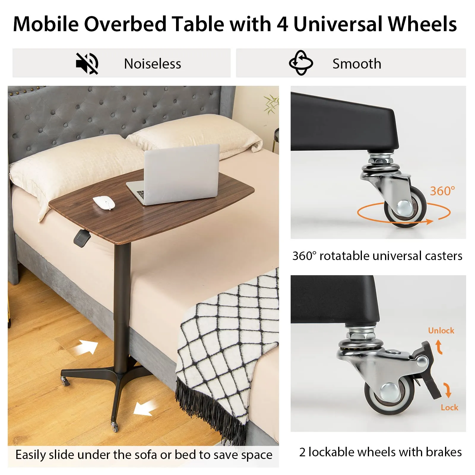 Tangkula Mobile Standing Desk, Height Adjustable Overbed Table, Pneumatic Bedside Table