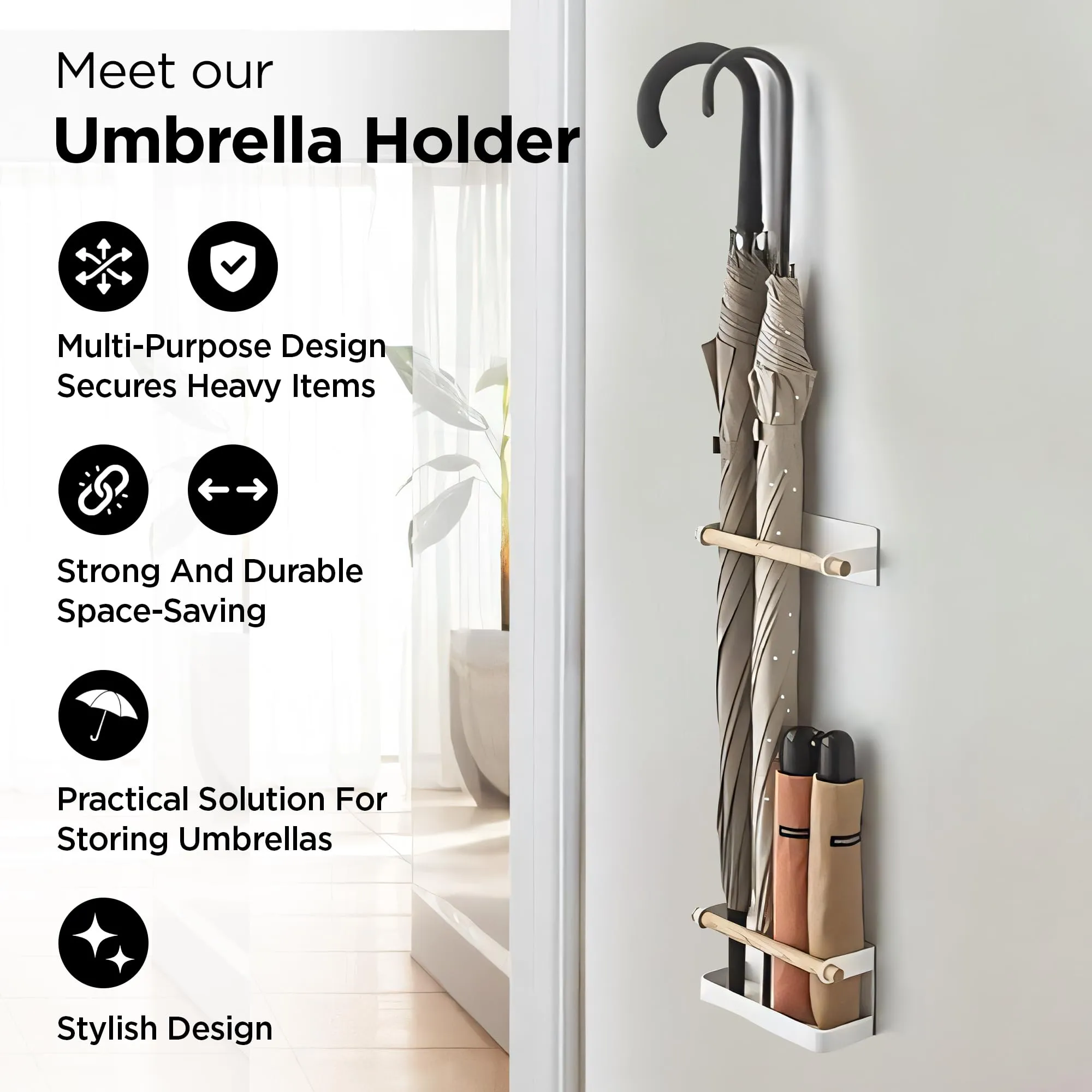 UMAI Umbrella Holder | Magnetic Wall Mounted Umbrella Stand | Door Hanging Organizer | Solid Wood Umbrella Stand | Multipurpose Space Saver for Home Kitchen | White