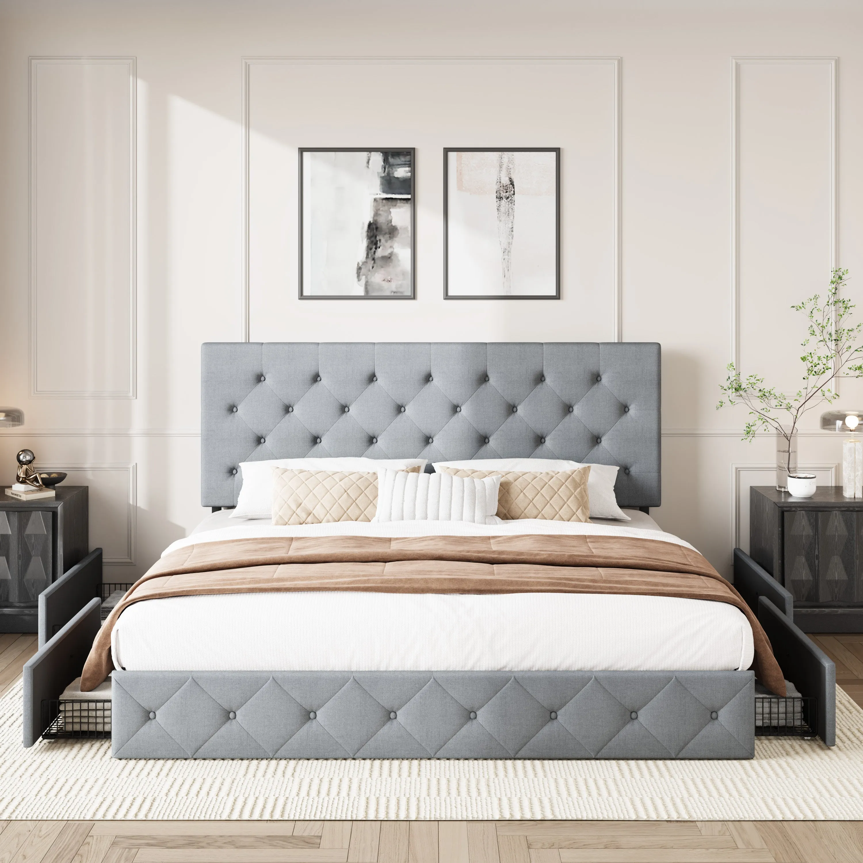 Upholstered Bed Frame with 4 Drawers Storage and Headboard