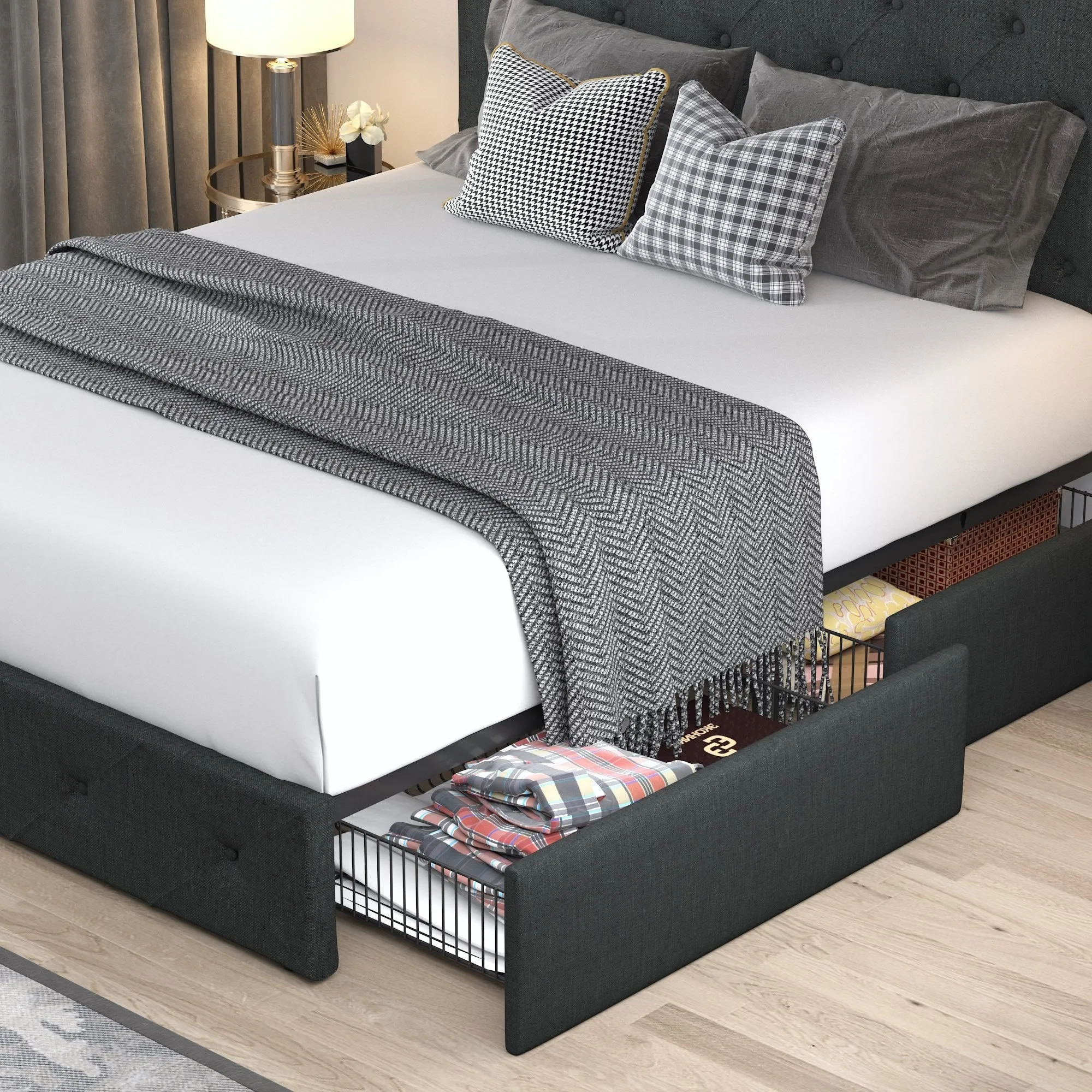 Upholstered Bed Frame with 4 Drawers Storage and Headboard