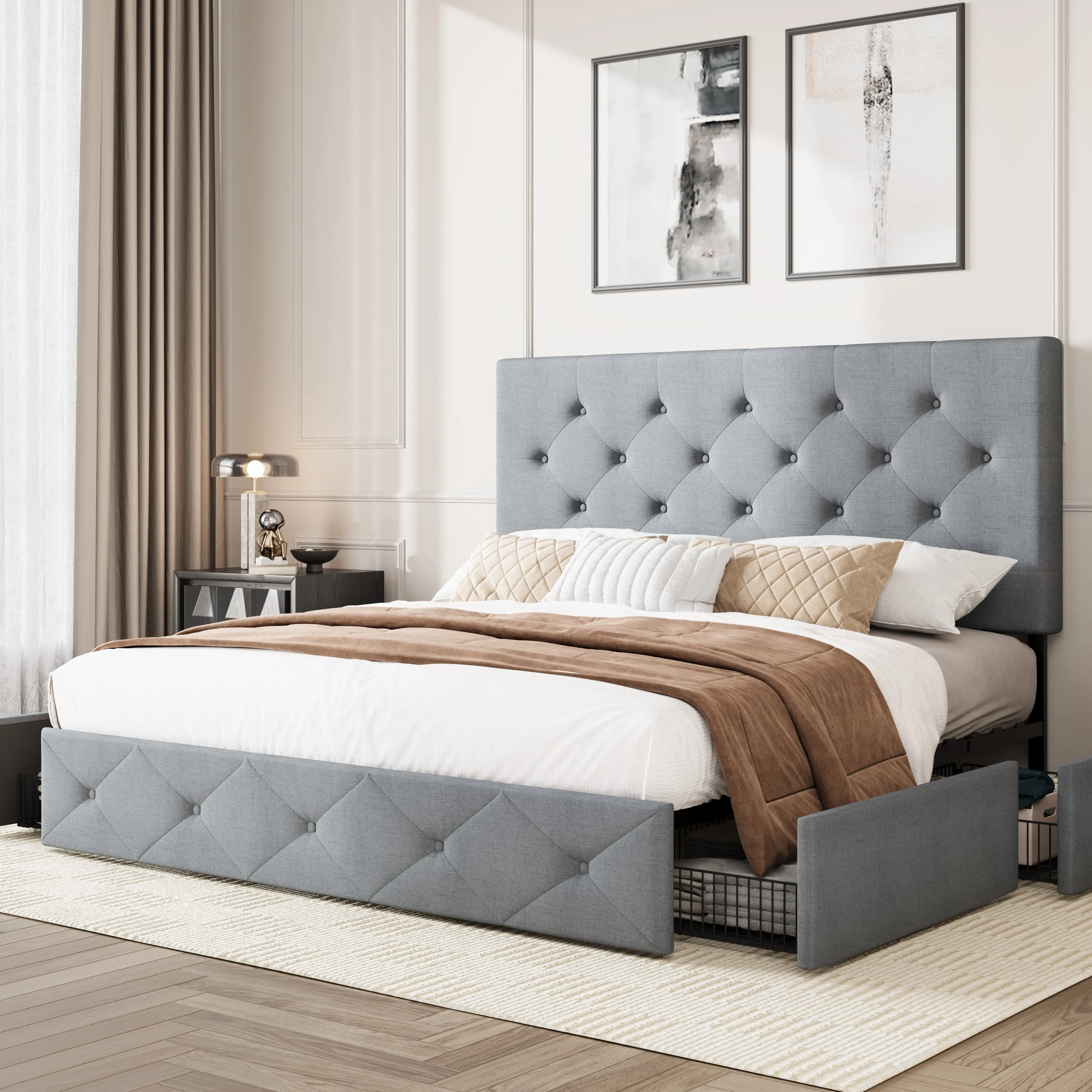 Upholstered Bed Frame with 4 Drawers Storage and Headboard