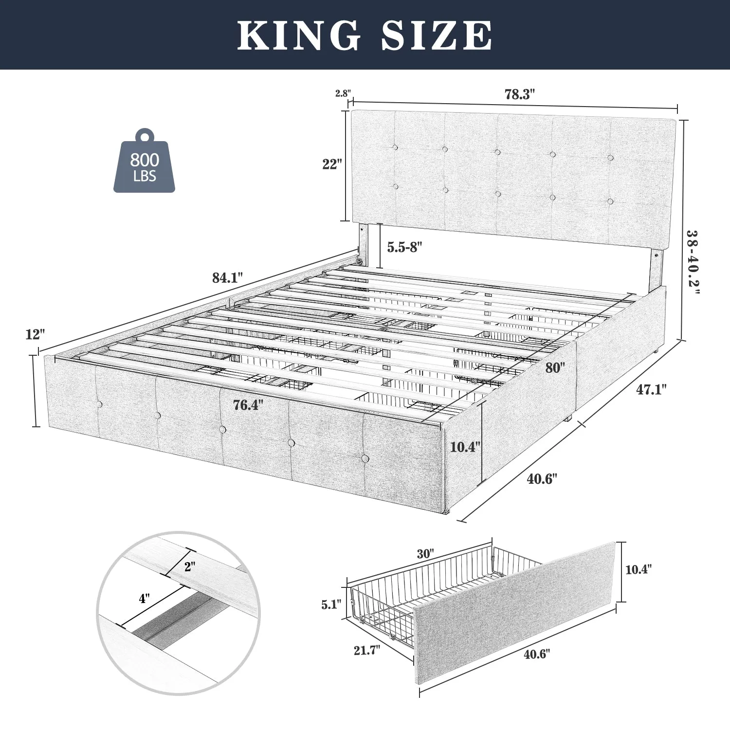 Upholstered Bed Frame with 4 Drawers Storage and Headboard