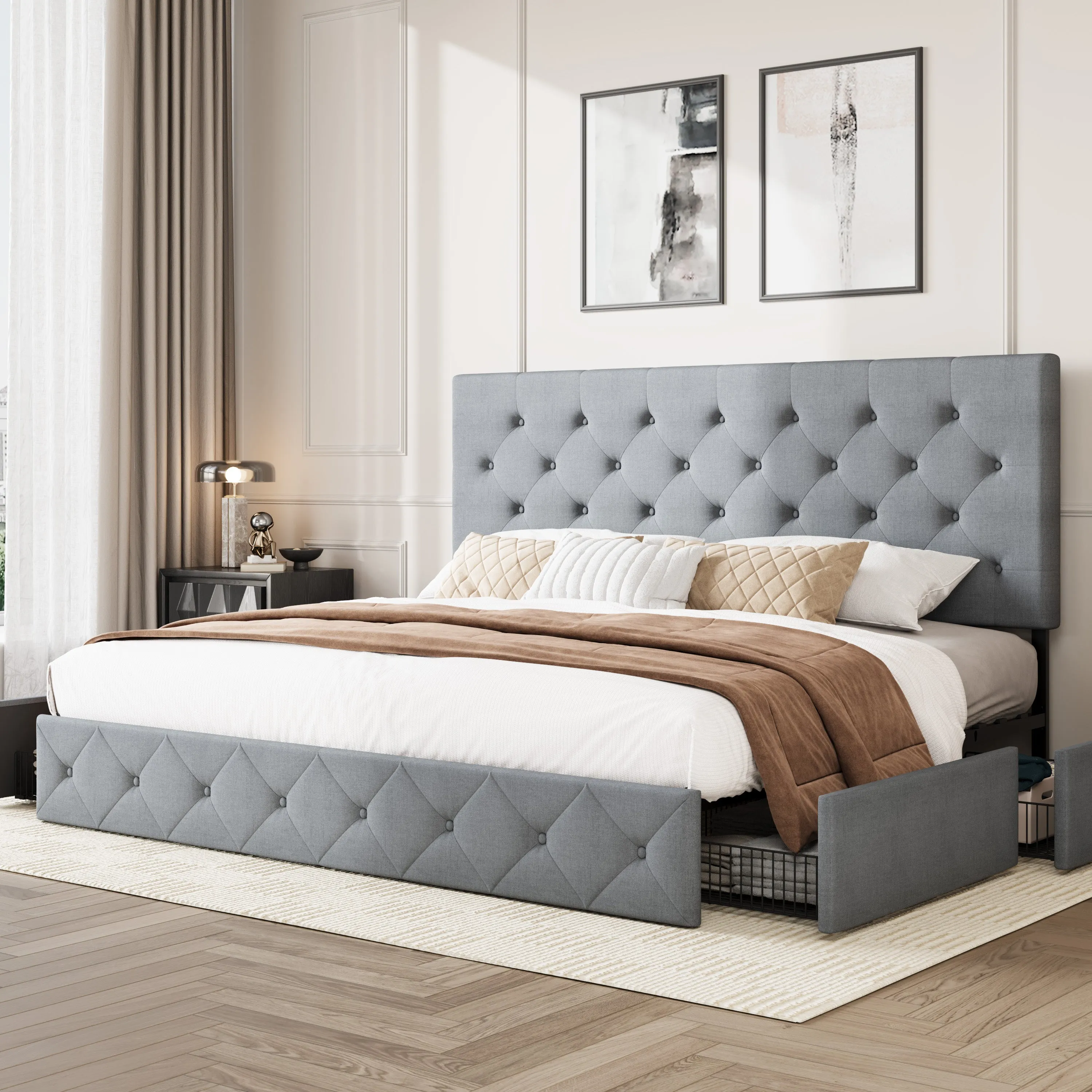 Upholstered Bed Frame with 4 Drawers Storage and Headboard