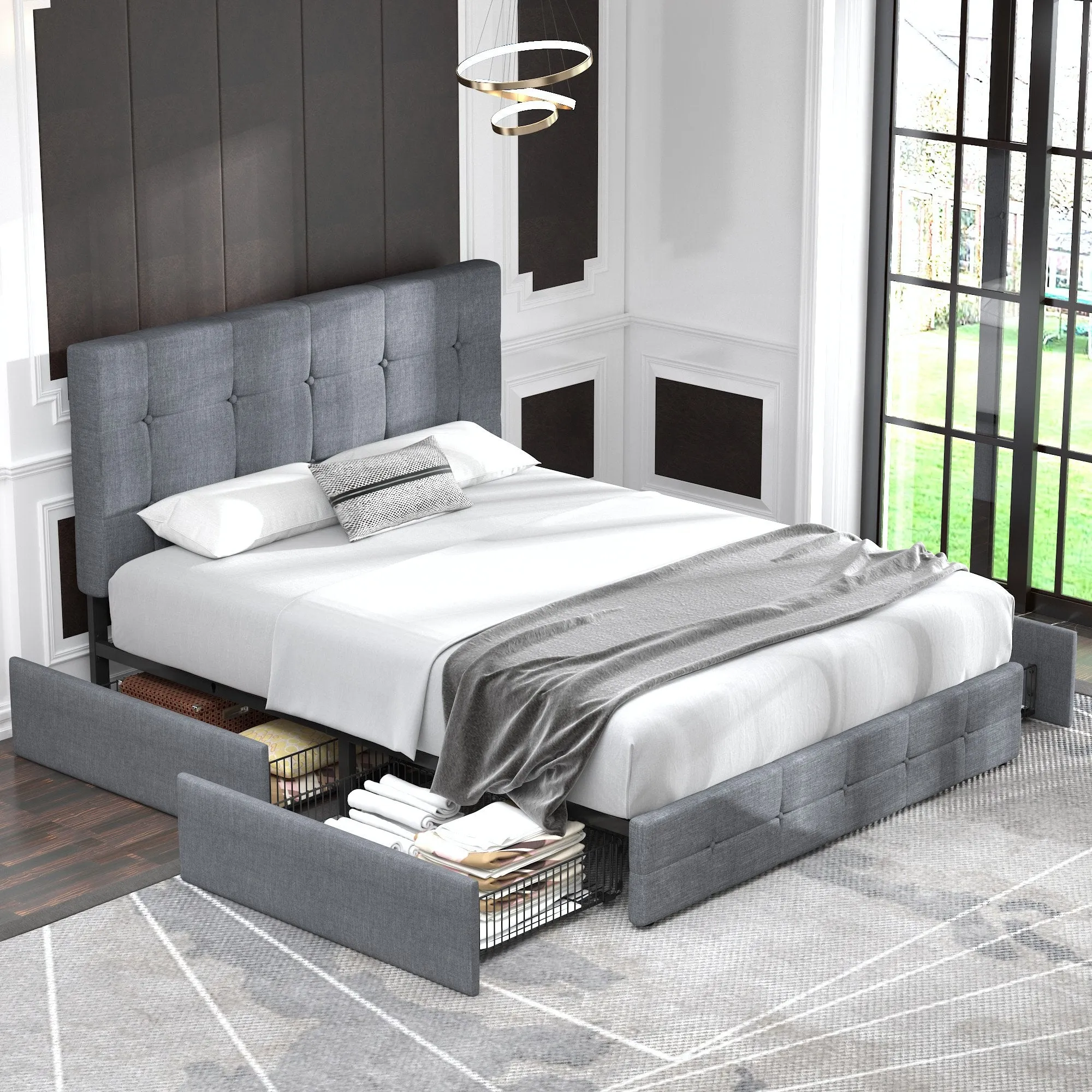 Upholstered Bed Frame with 4 Drawers Storage and Headboard