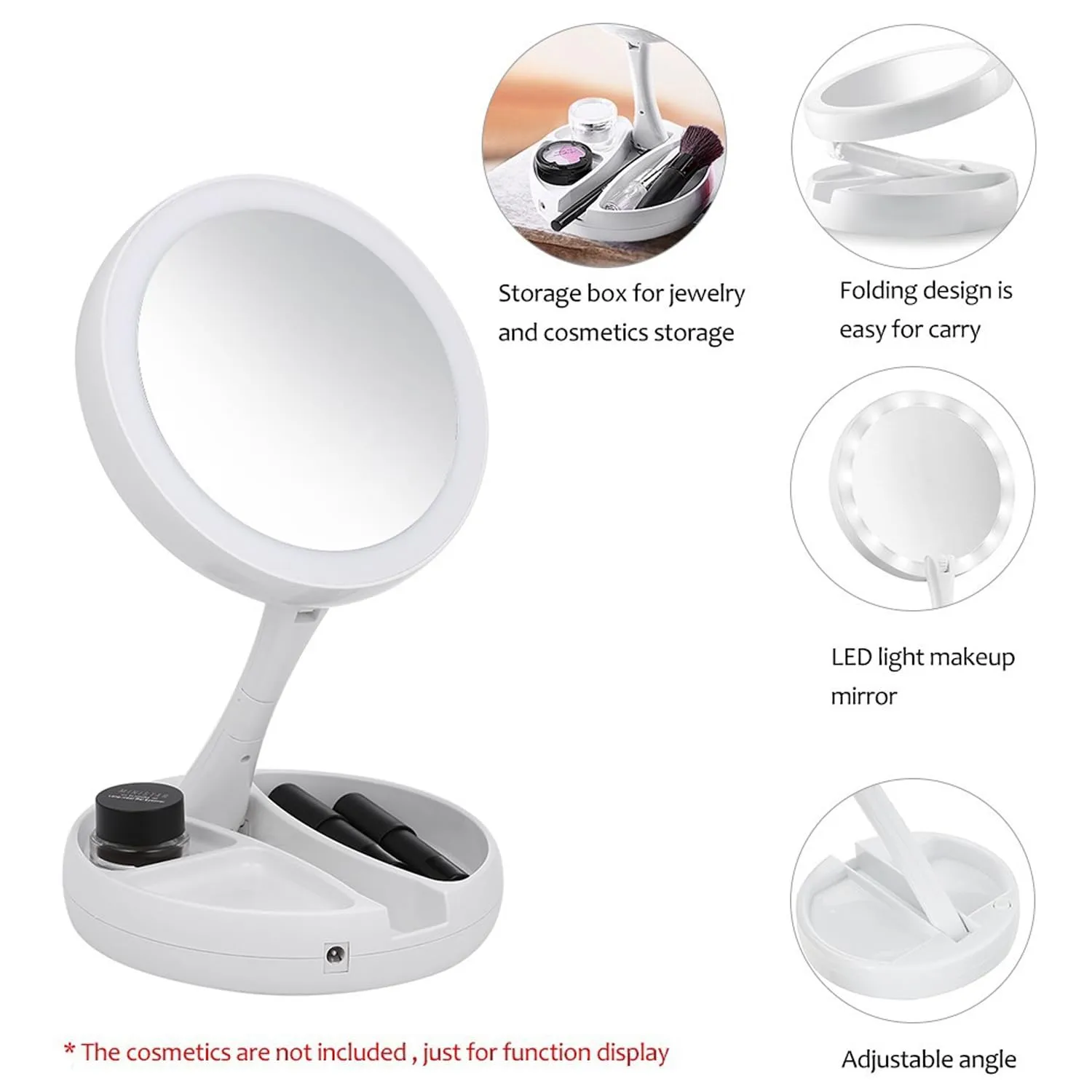 Urbane Home Industires Foldable Makeup Mirror With LED Light|Mirror For Table Top, Vanity, Desk|Battery Operated & USB Port(White)