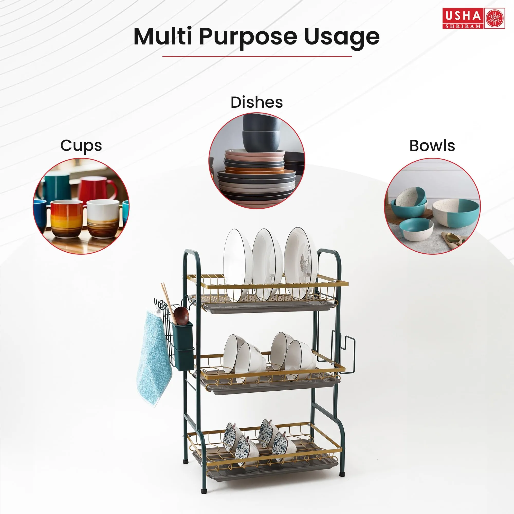 USHA SHRIRAM 3 Layer Carbon Steel Plate Bowl Holder(2pcs) | Sink Organiser In Kitchen | Spoon Knife Holder | Utensil Dish Organiser For Kitchen With Spoon Knife Holder Hooks | Kitchen Sink Organiser