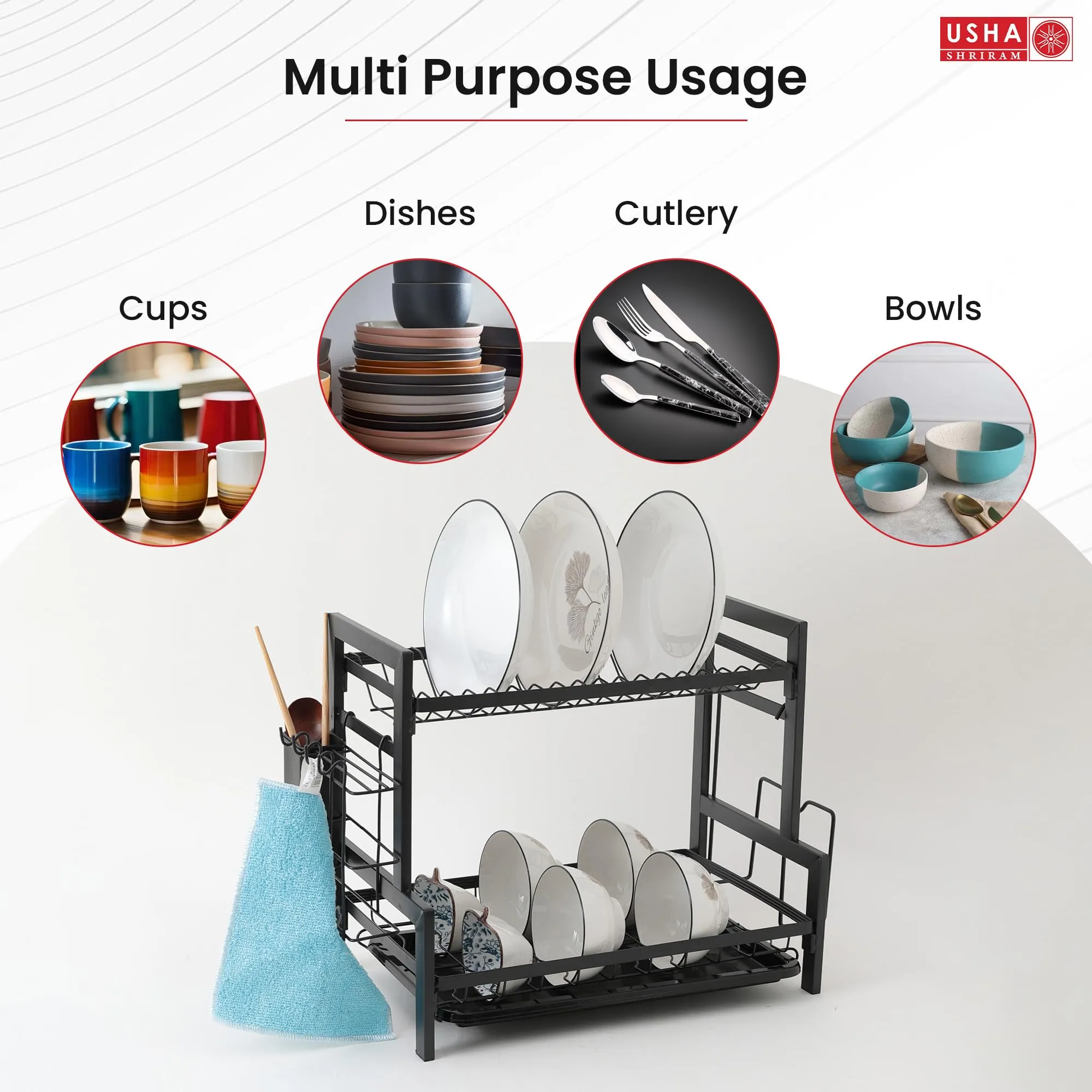 USHA SHRIRAM Plate Bowl Holder Sink Organiser in Kitchen | Kitchen Organiser Rack | Utensil Dish Organiser for Kitchen with Spoon Knife Holder Hooks (Plate Bowl Holder with Hooks, Pack of 1)