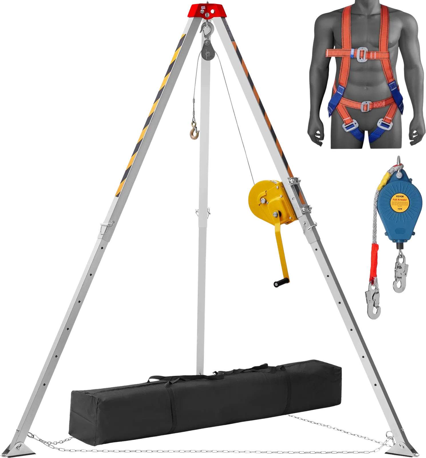 Vevor Confined Space Tripod Kit 1800 Lbs. Winch 7' Legs 98' Cable 32.8' Fall Arrester and Rescue Harness New