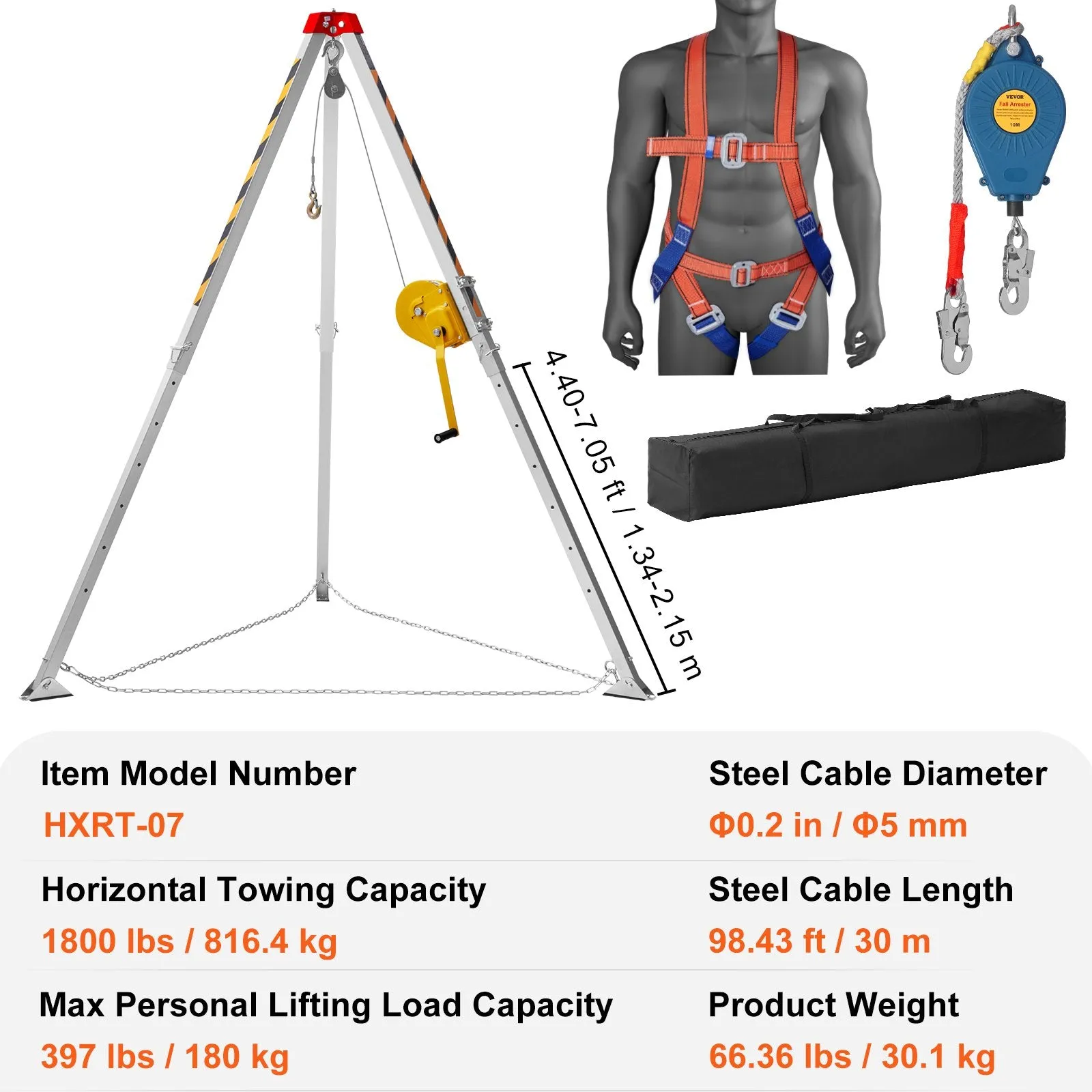 Vevor Confined Space Tripod Kit 1800 Lbs. Winch 7' Legs 98' Cable 32.8' Fall Arrester and Rescue Harness New