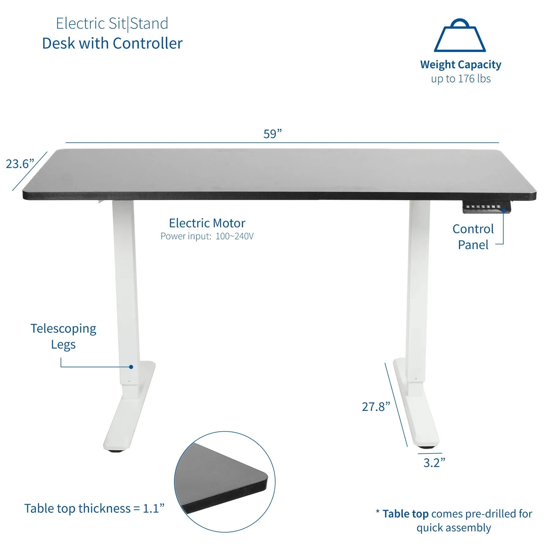 VIVO Electric 60” x 24”  Black Tabletop White Frame Standing Desk w/ Memory Pad, DESK-KIT-1W6B