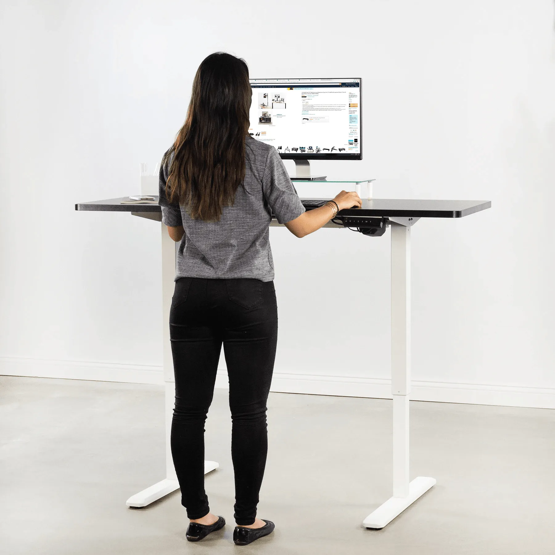 VIVO Electric 60” x 24”  Black Tabletop White Frame Standing Desk w/ Memory Pad, DESK-KIT-1W6B