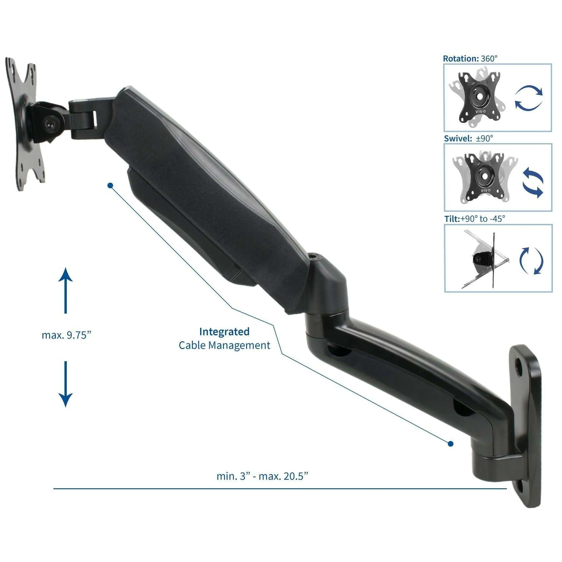 VIVO Pneumatic Arm Single Monitor/Laptop Wall Mount, MOUNT-V001G or -V001GL