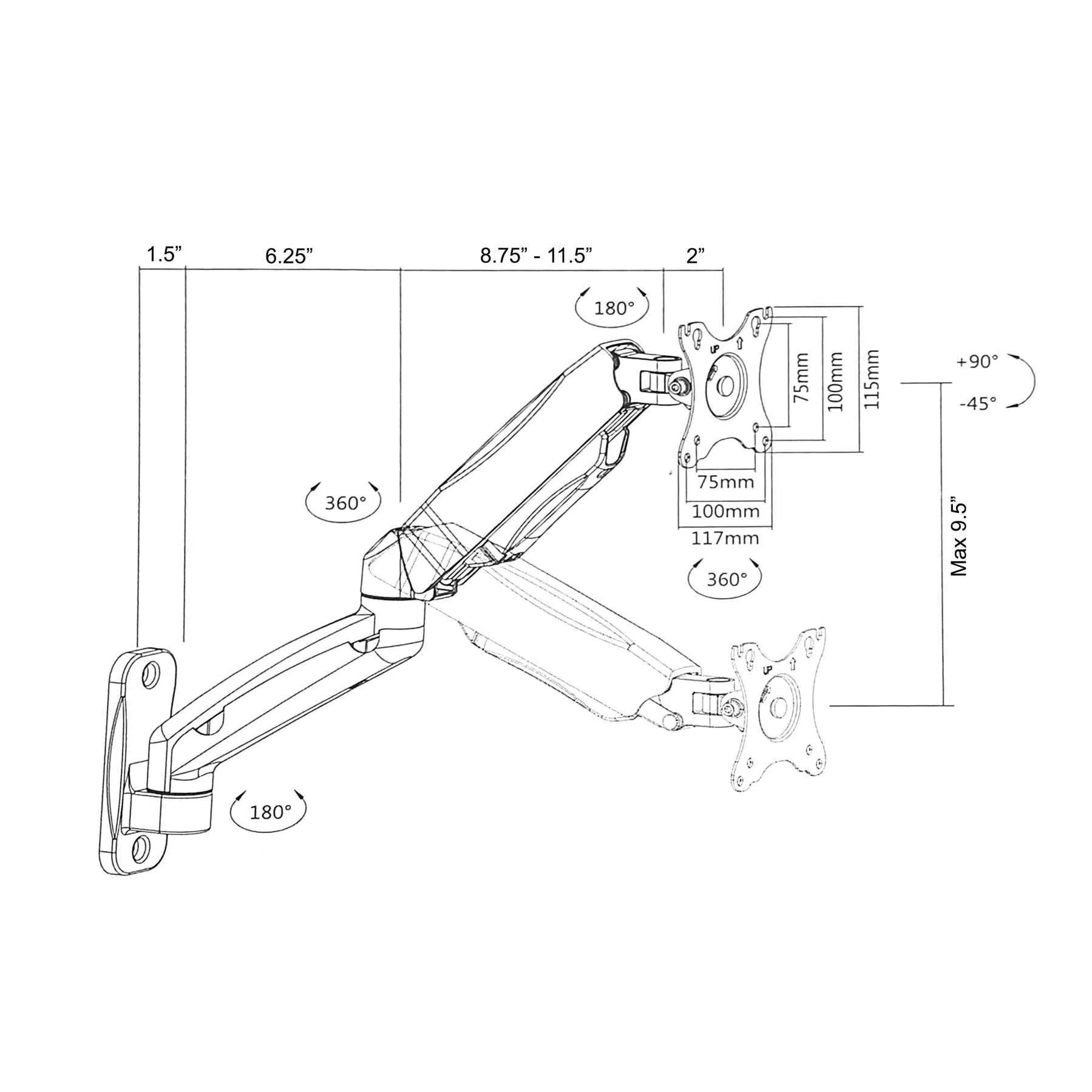 VIVO Pneumatic Arm Single Monitor/Laptop Wall Mount, MOUNT-V001G or -V001GL