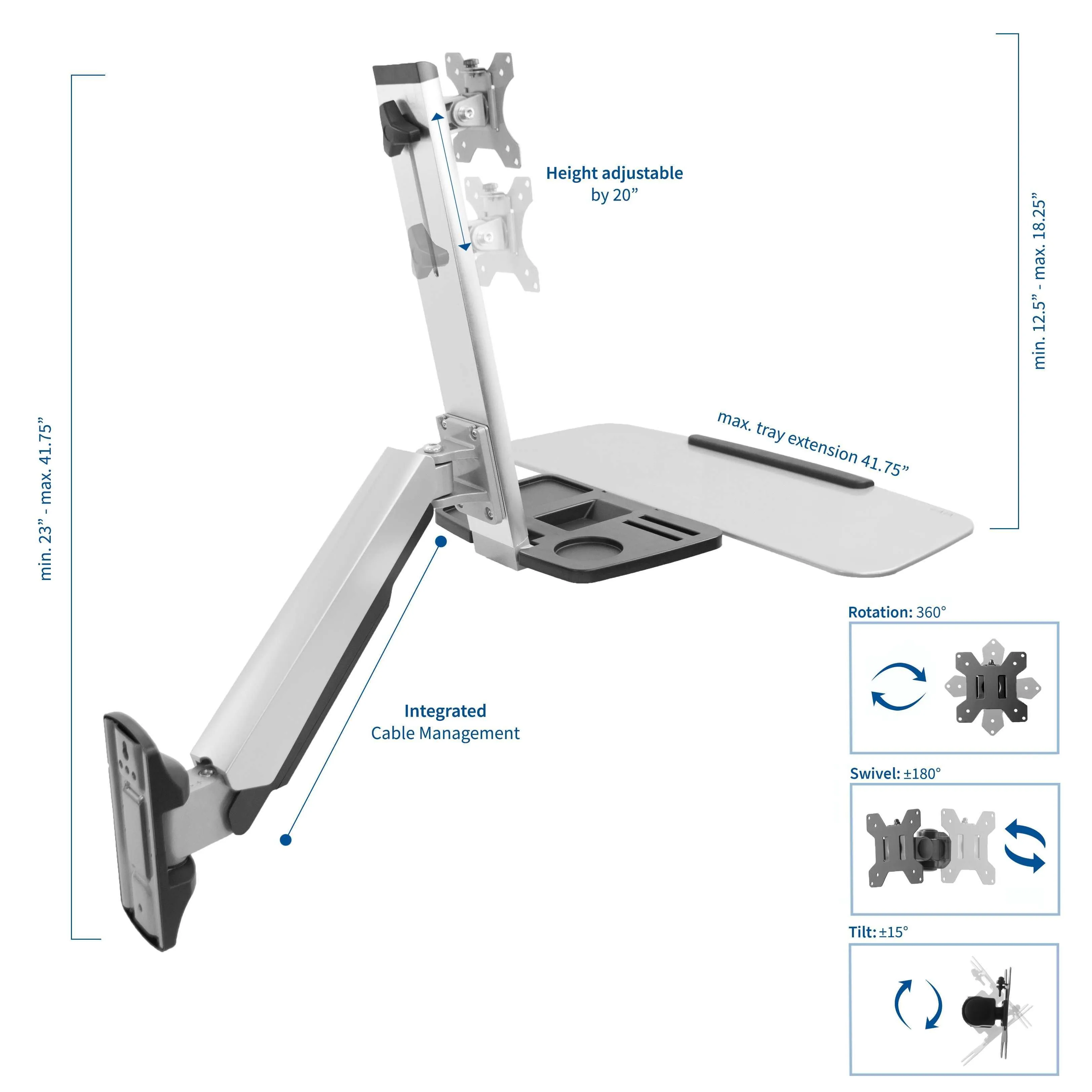 VIVO Silver Sit-to-Stand Single Monitor Wall Mount Workstation, STAND-SIT1W