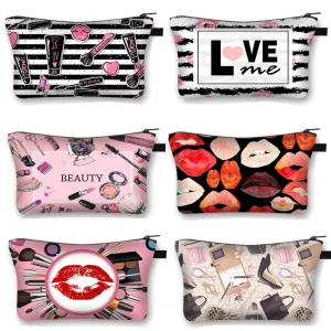 Women Red Lips Print Cosmetic Makeup Bag