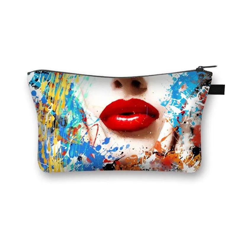 Women Red Lips Print Cosmetic Makeup Bag