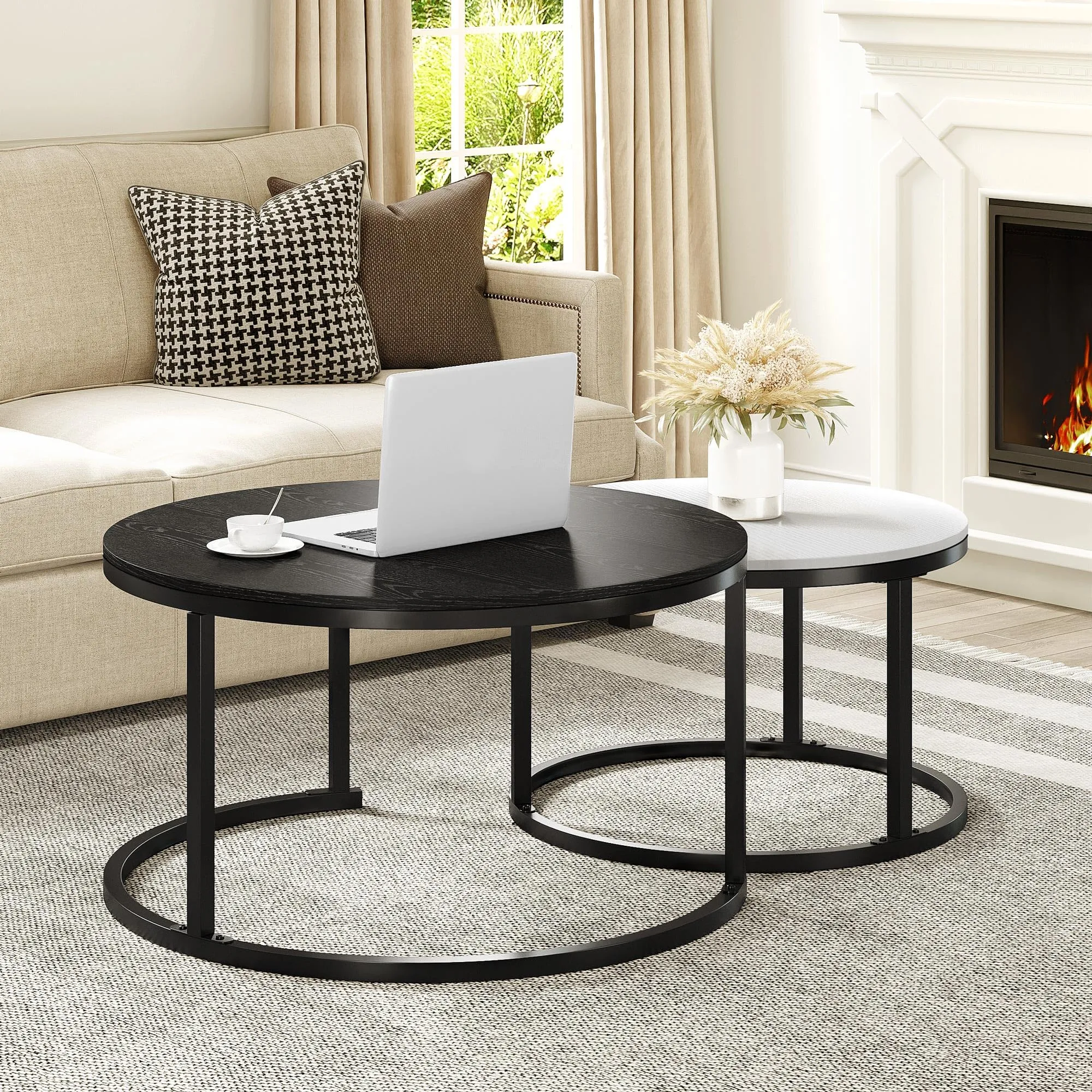 YITAHOME Modern Nesting Coffee Table Set of 2 for Living Room, Black Round Wood Coffee Tables Stacking Accent Cocktail Tables End Side Table with Sturdy Metal Frame, Easy Assembly Black and White