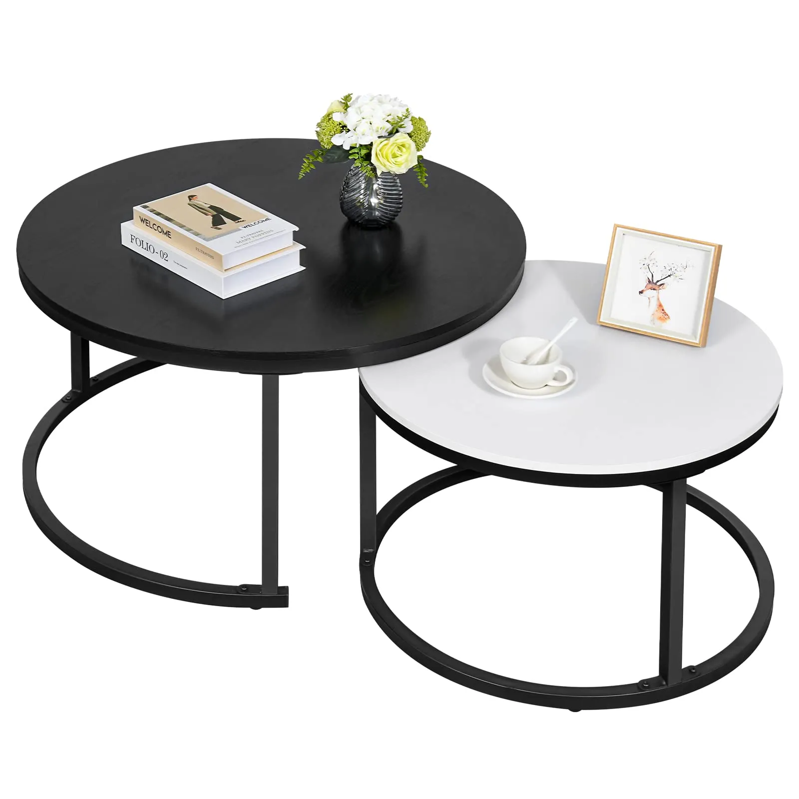 YITAHOME Modern Nesting Coffee Table Set of 2 for Living Room, Black Round Wood Coffee Tables Stacking Accent Cocktail Tables End Side Table with Sturdy Metal Frame, Easy Assembly Black and White