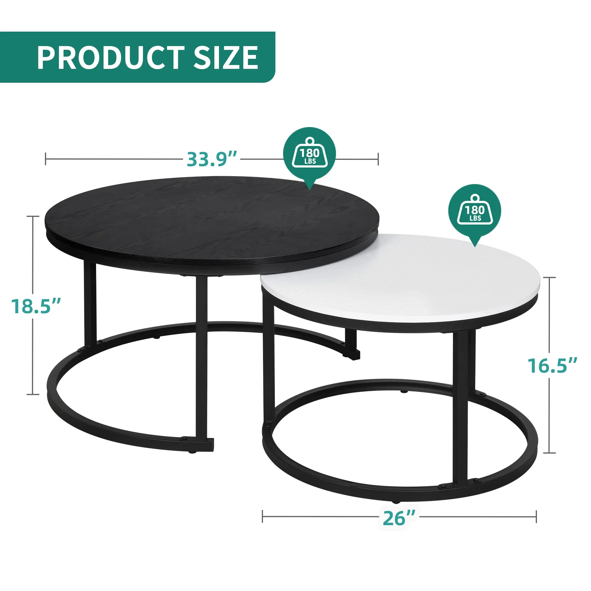 YITAHOME Modern Nesting Coffee Table Set of 2 for Living Room, Black Round Wood Coffee Tables Stacking Accent Cocktail Tables End Side Table with Sturdy Metal Frame, Easy Assembly Black and White